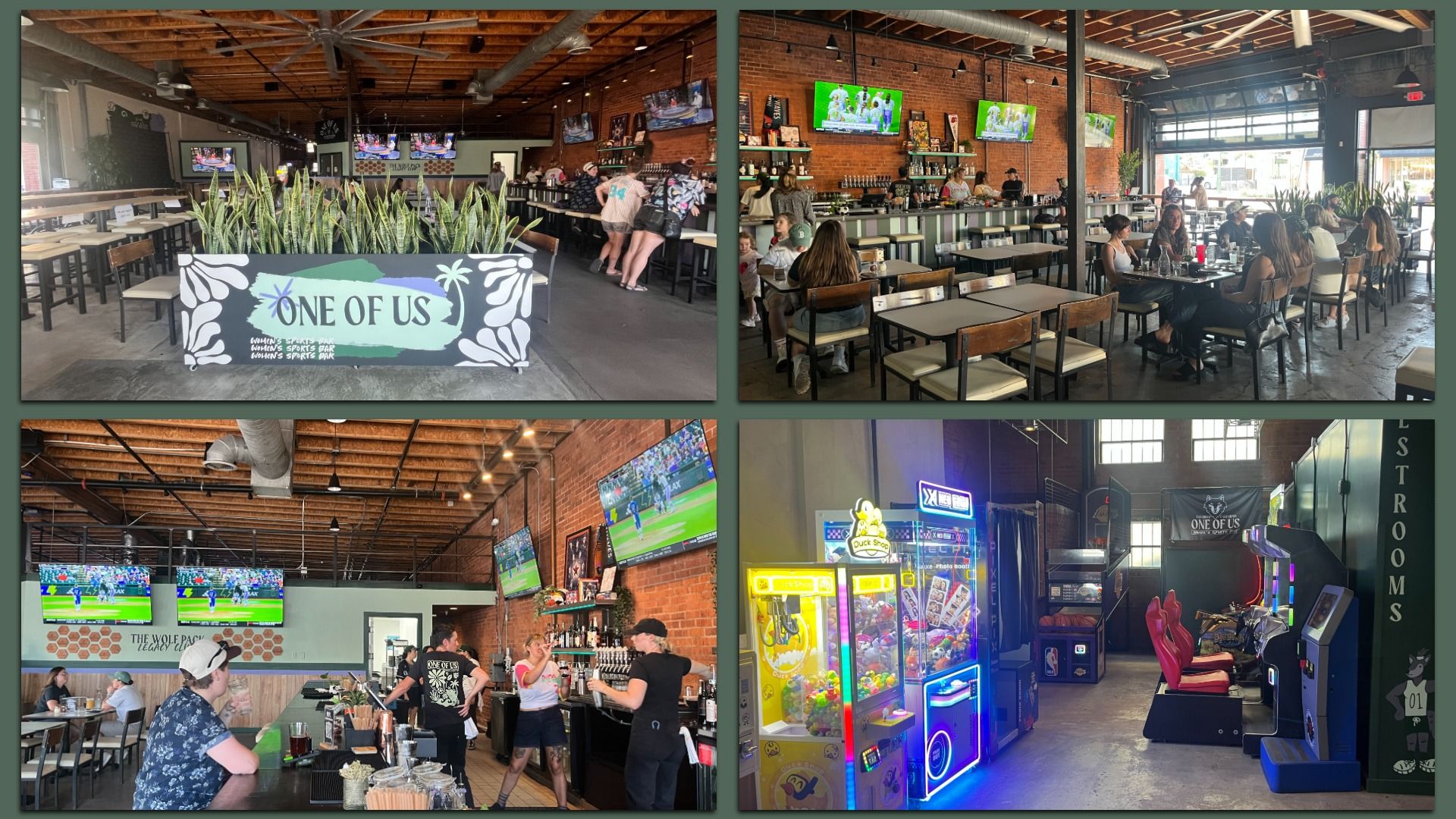 Collage of a rustic sports bar named "ONE OF US": brick walls, wooden tables, and multiple TVs; left panel shows the sign with plants, right panels show the bar, diners, and arcade.