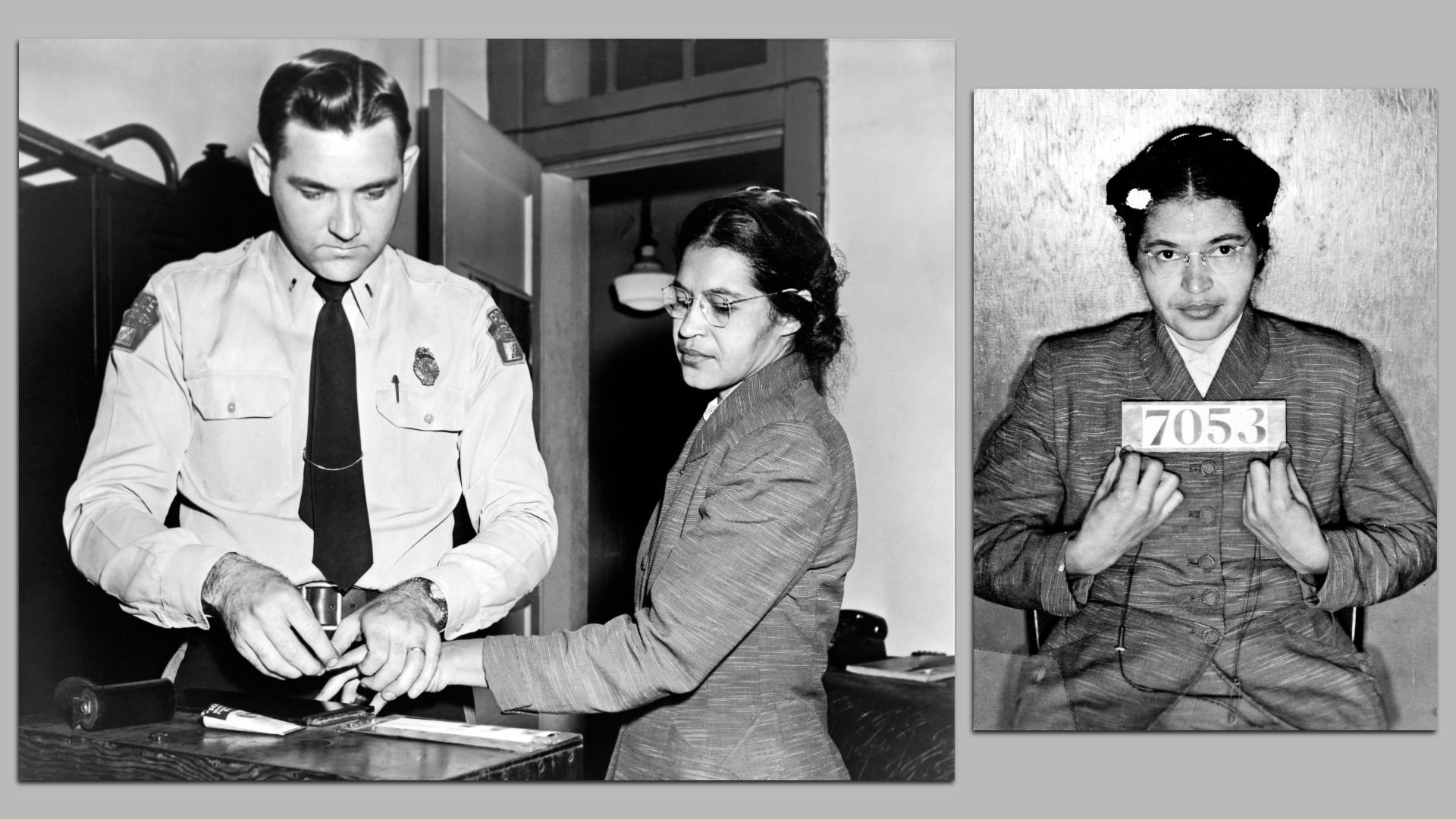 Black and white photos showing Rosa Parks being fingerprinted by a police officer and holding a police ID with number 7053 after her arrest.