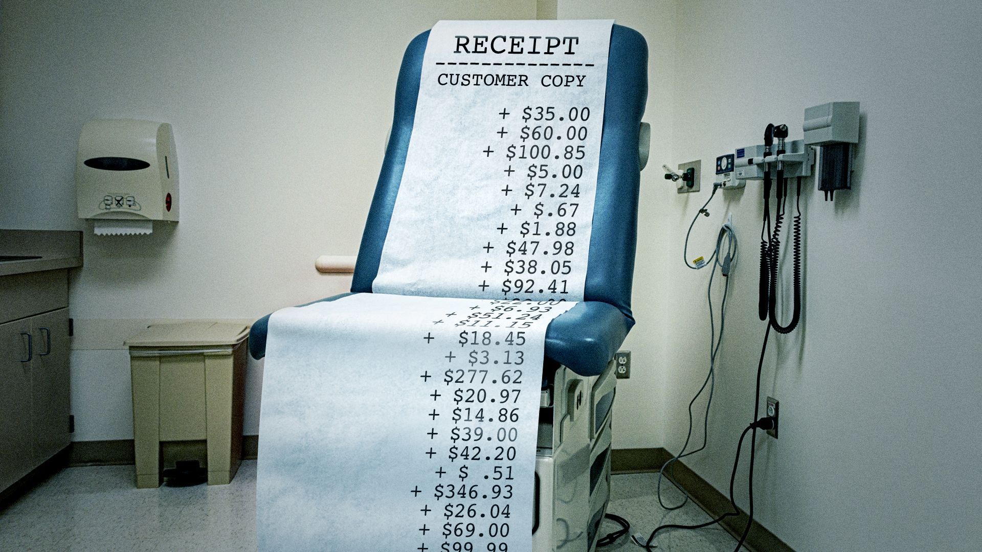 Illustration of a patient chair in a doctor's office covered in a long receipt.
