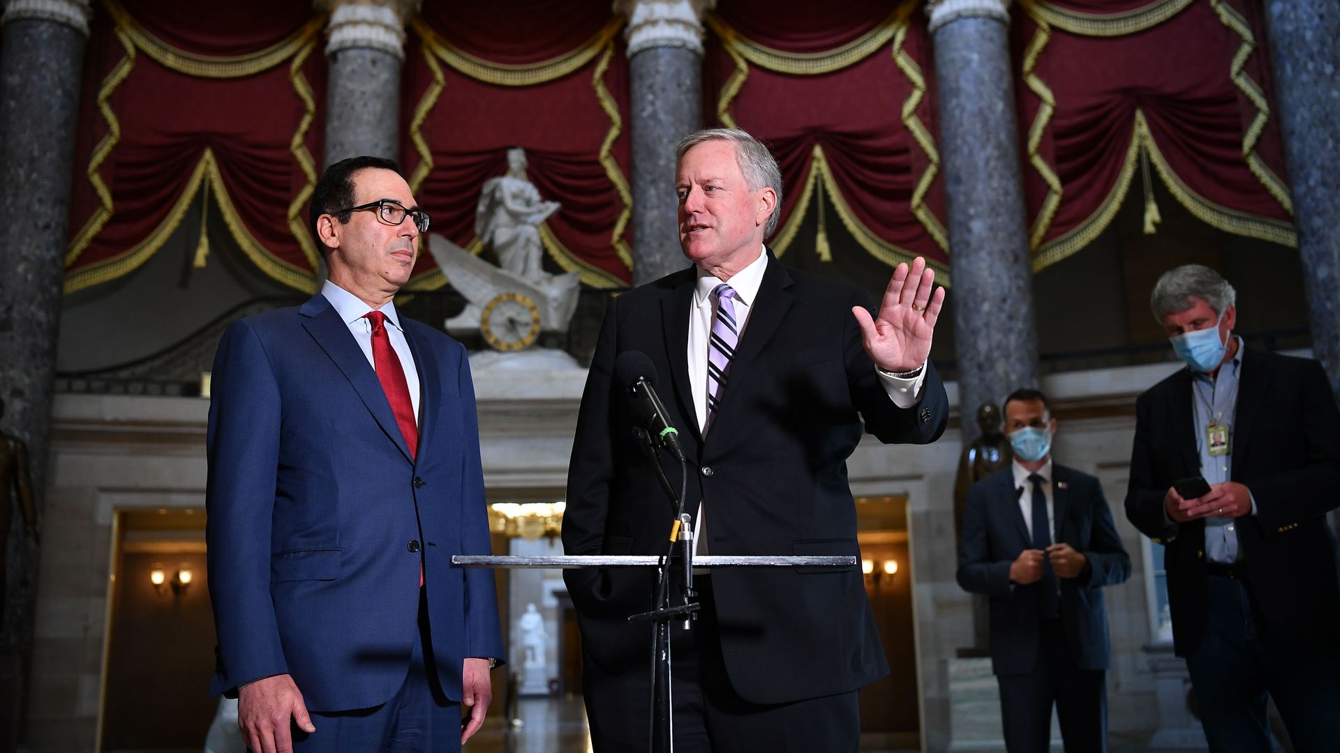 White House Chief of Staff Mark Meadows (R) and US Treasury Secretary Steve Mnuchin speak to the media 