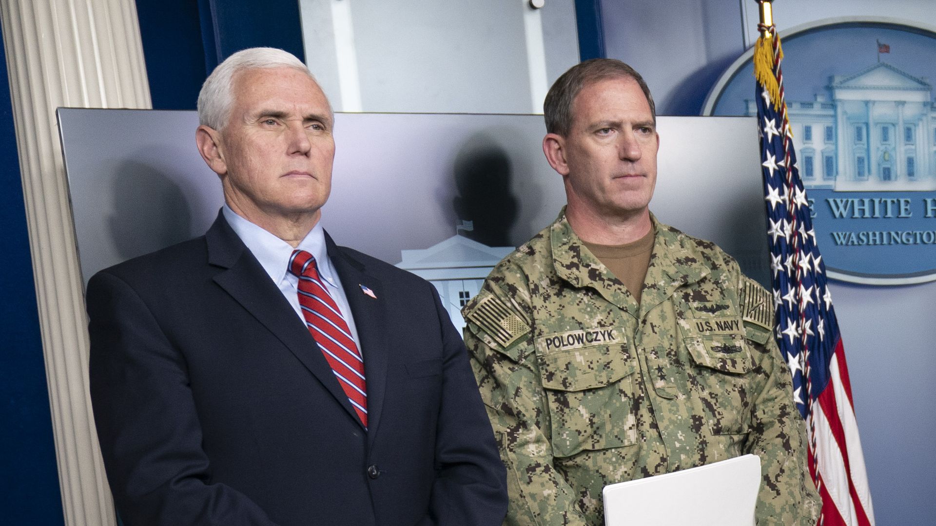 Pence and supply chain task force lead Navy Rear Adm. John Polowczyk. Photo: Sarah Silbiger/Getty Images