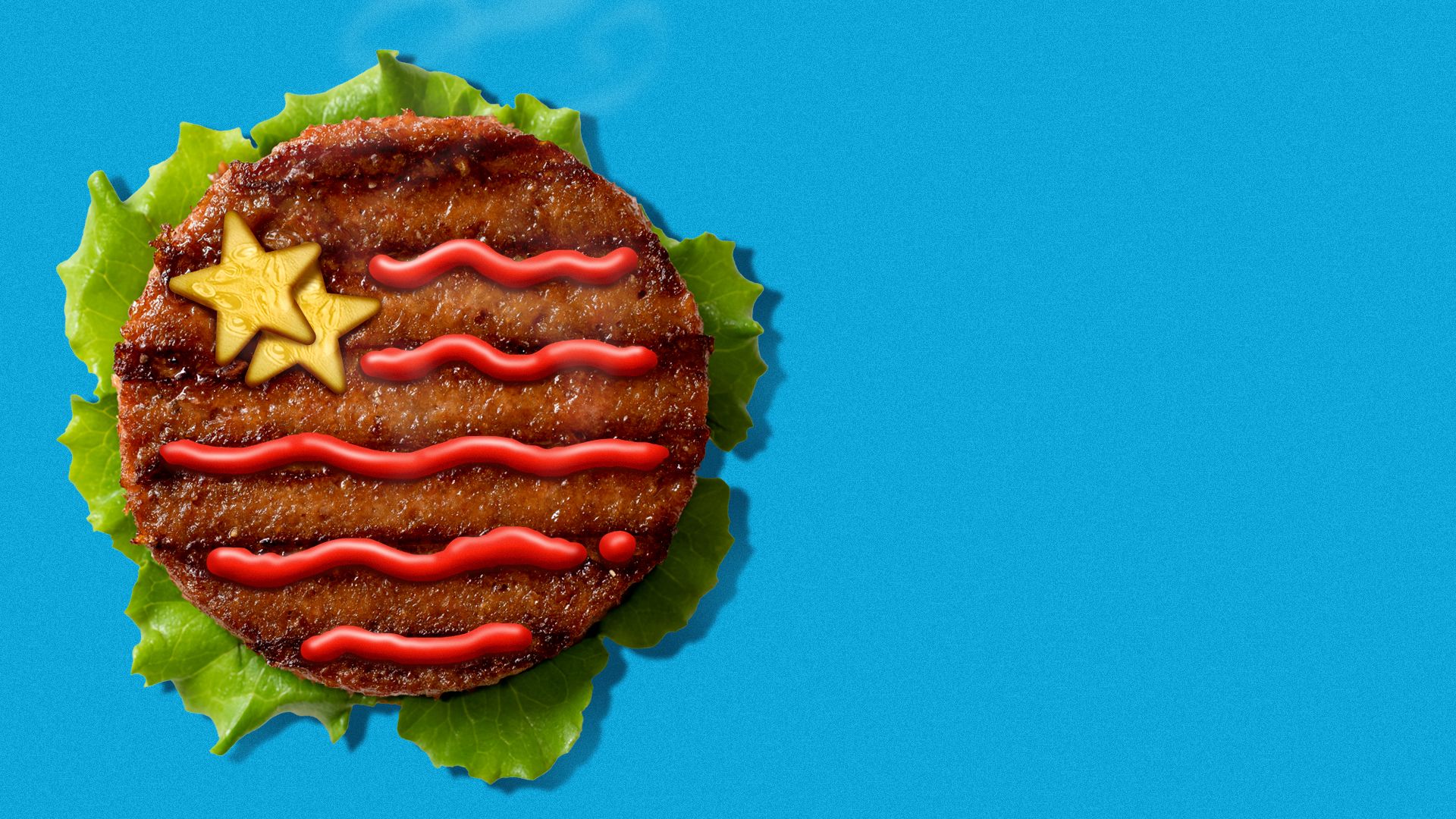 Illustration of a burger with star-shaped pickles and ketchup in the shape of stripes