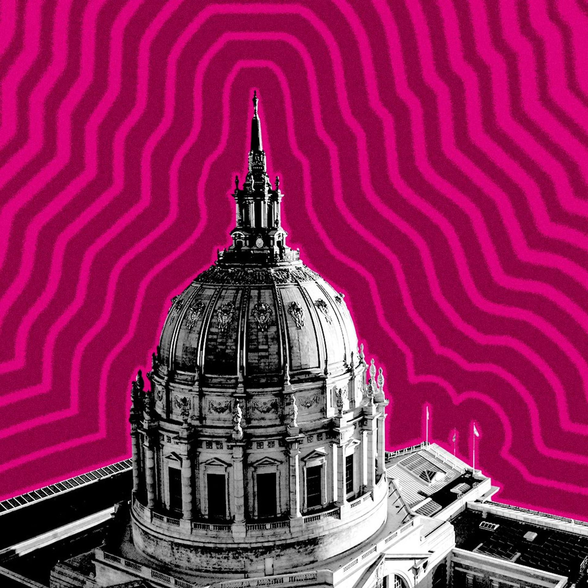 Illustration of San Francisco City Hall with lines radiating from it.