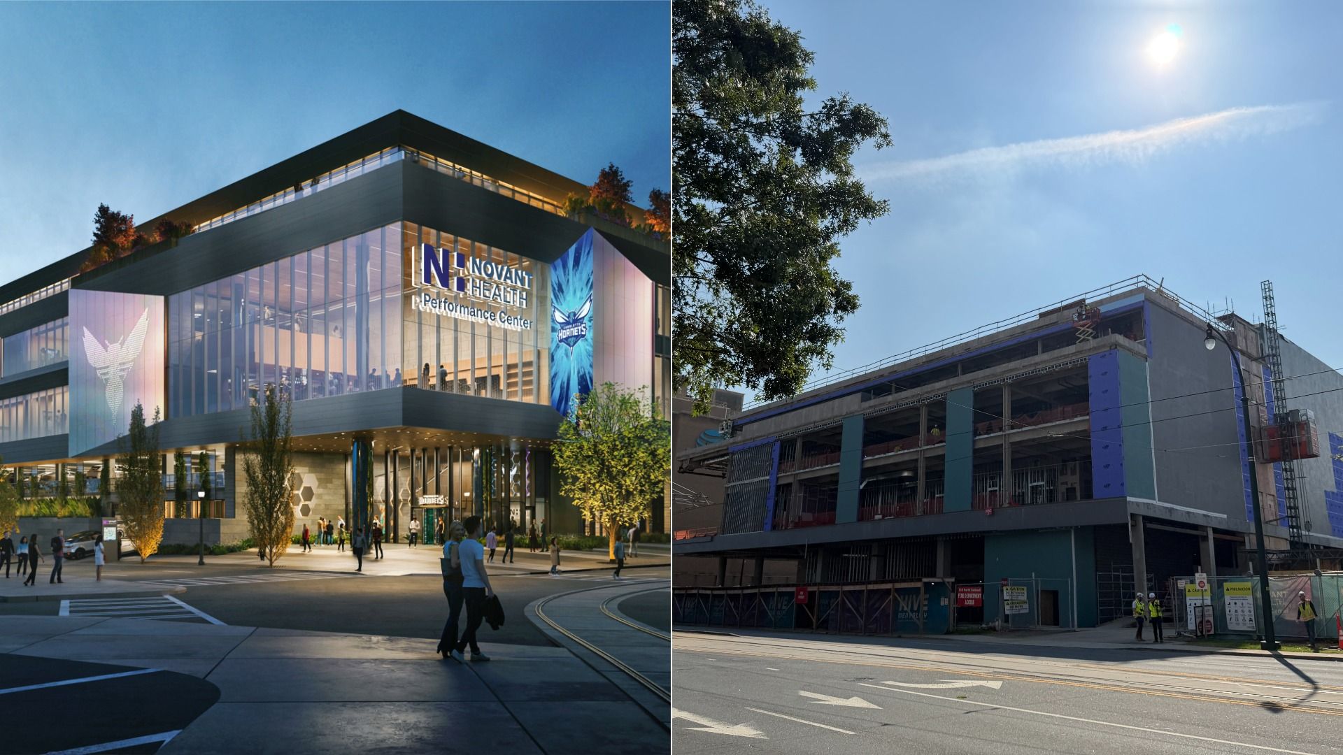 Left: modern glass-front Novant Health Performance Center with people outside and warm lights; right: construction site with a multi-story building, blue panels, scaffolding, and a clear sky.