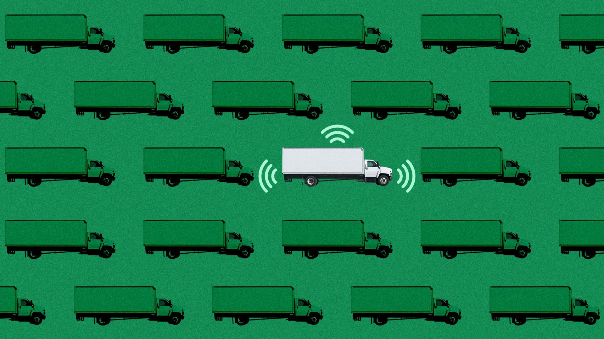 Pattern of trucks with one highlighted and radiating sensors. 