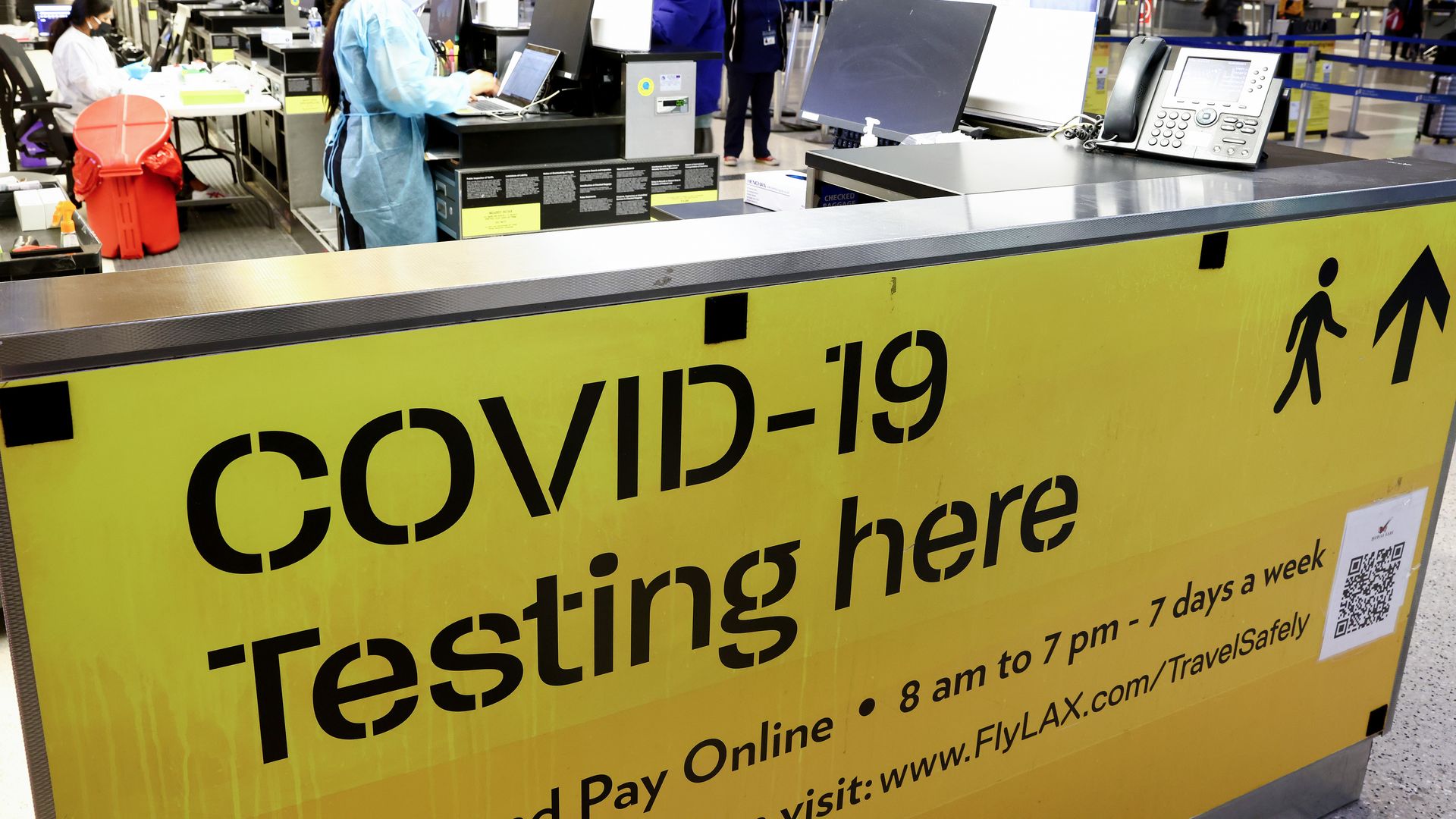  A COVID-19 test center operates inside the Tom Bradley International Terminal at Los Angeles International Airport (LAX) on December 01, 2021 in Los Angeles, California. 