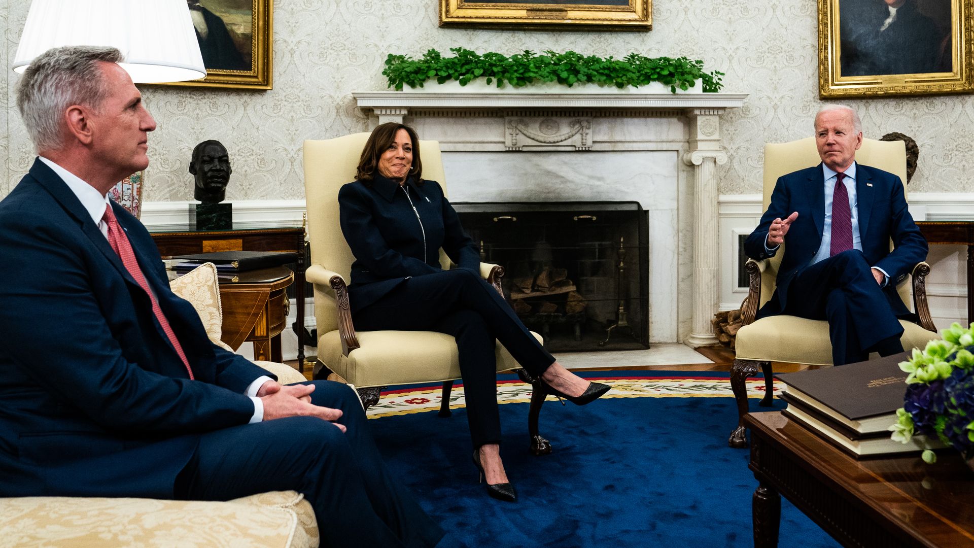 US President Joe Biden and Vice President Kamala Harris meet with House Speaker Kevin McCarthy in the Oval Office of the White House on Tuesday, May 16, 2023.