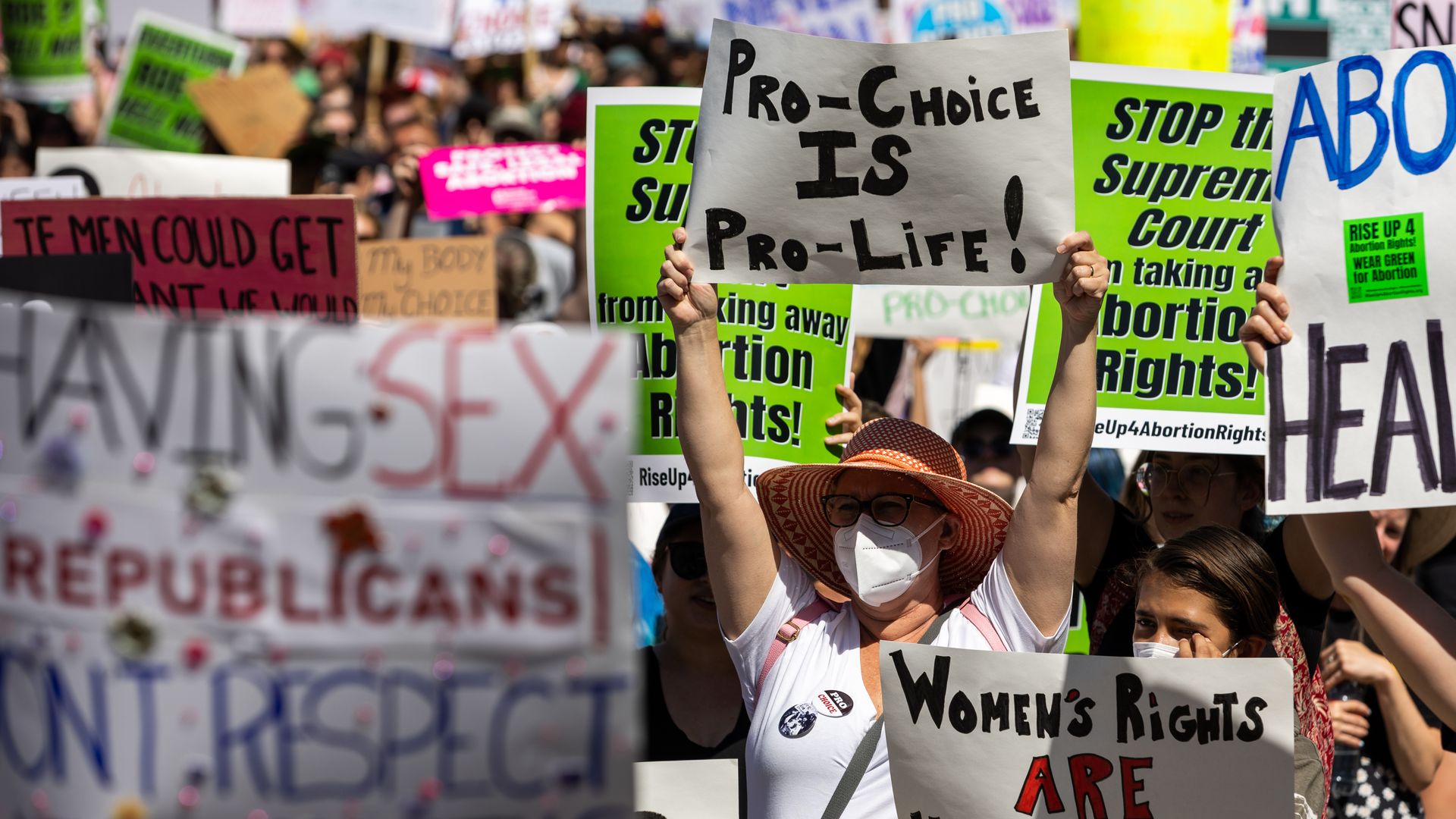 Picture of people holding signs in support of abortion rights