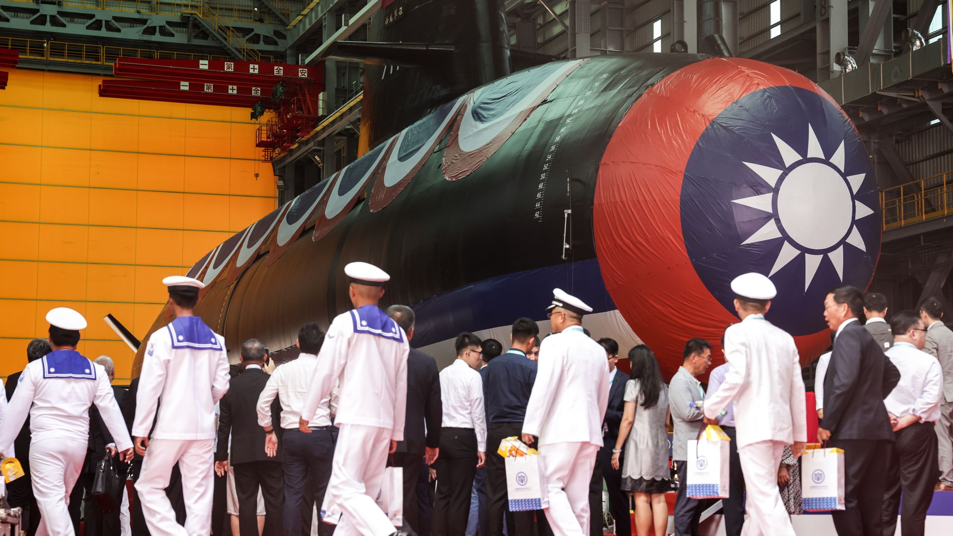 The Taiwan Navy's Hai Kun submarine unveiled during an event at CSBC Corp.'s dockyard in Kaohsiung, Taiwan, on Thursday, Sept. 28, 2023.