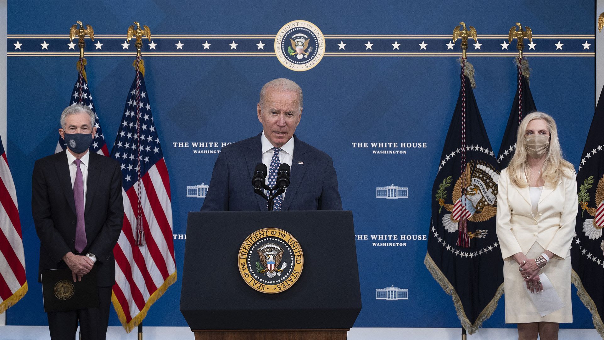 President Biden with Jerome Powell and Lael Brainard at a press conference today. Photo: Jim Watson/AFP via Getty Images