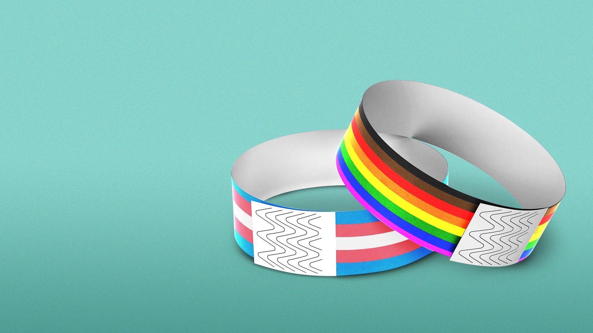 Illustration of two event wristbands, one with the trans flag, and one with the pride flag. 