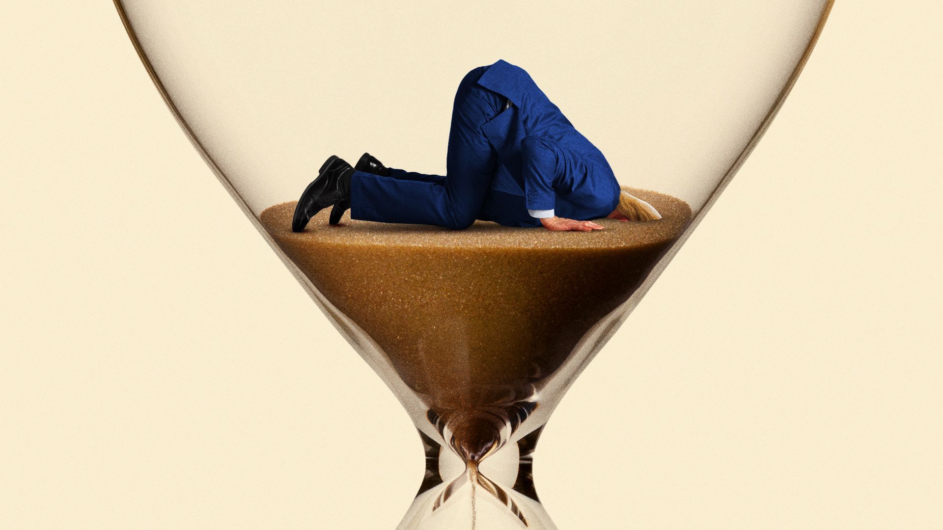 Illustration of Donald Trump's head in the sand of an hourglass. 