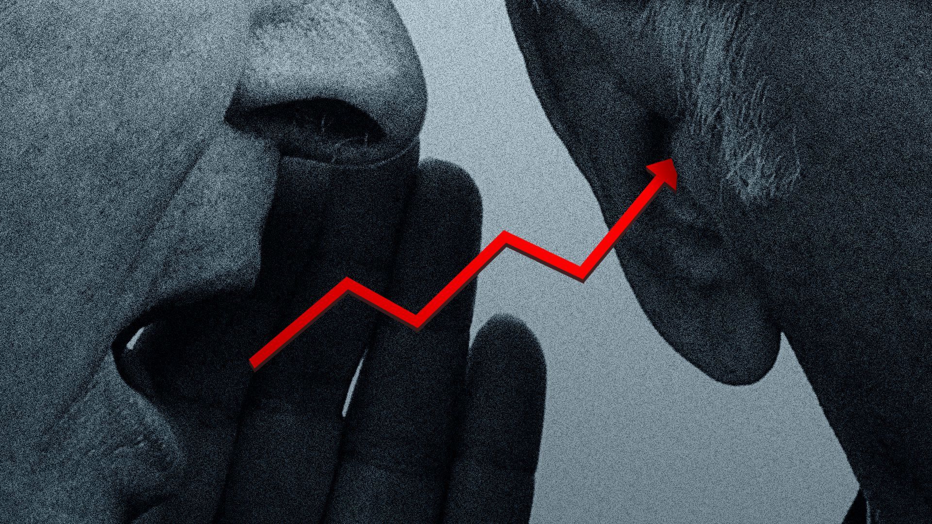 Illustration of one businessperson whispering a stock trend line into another person's ear