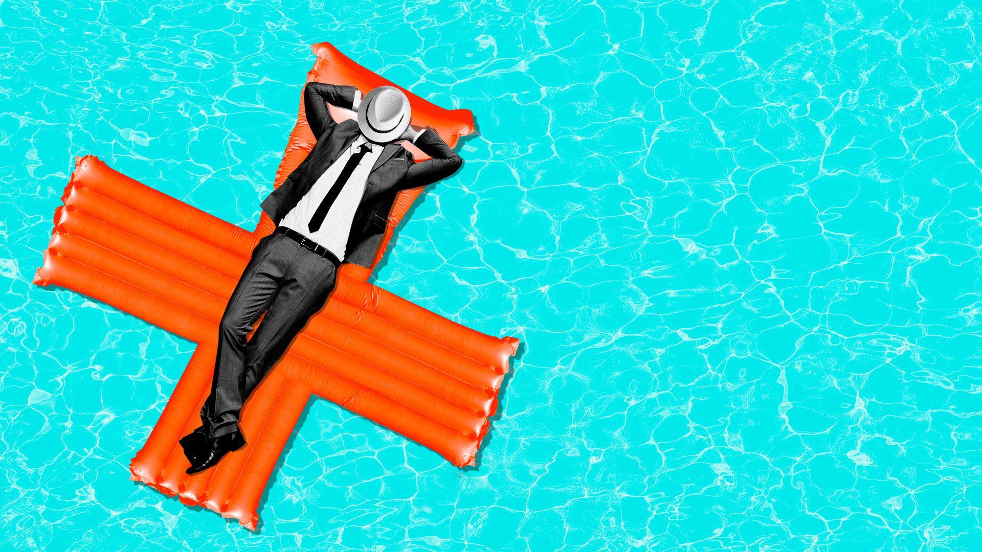 An executive relaxes on floatation devices that looks like a medical cross.