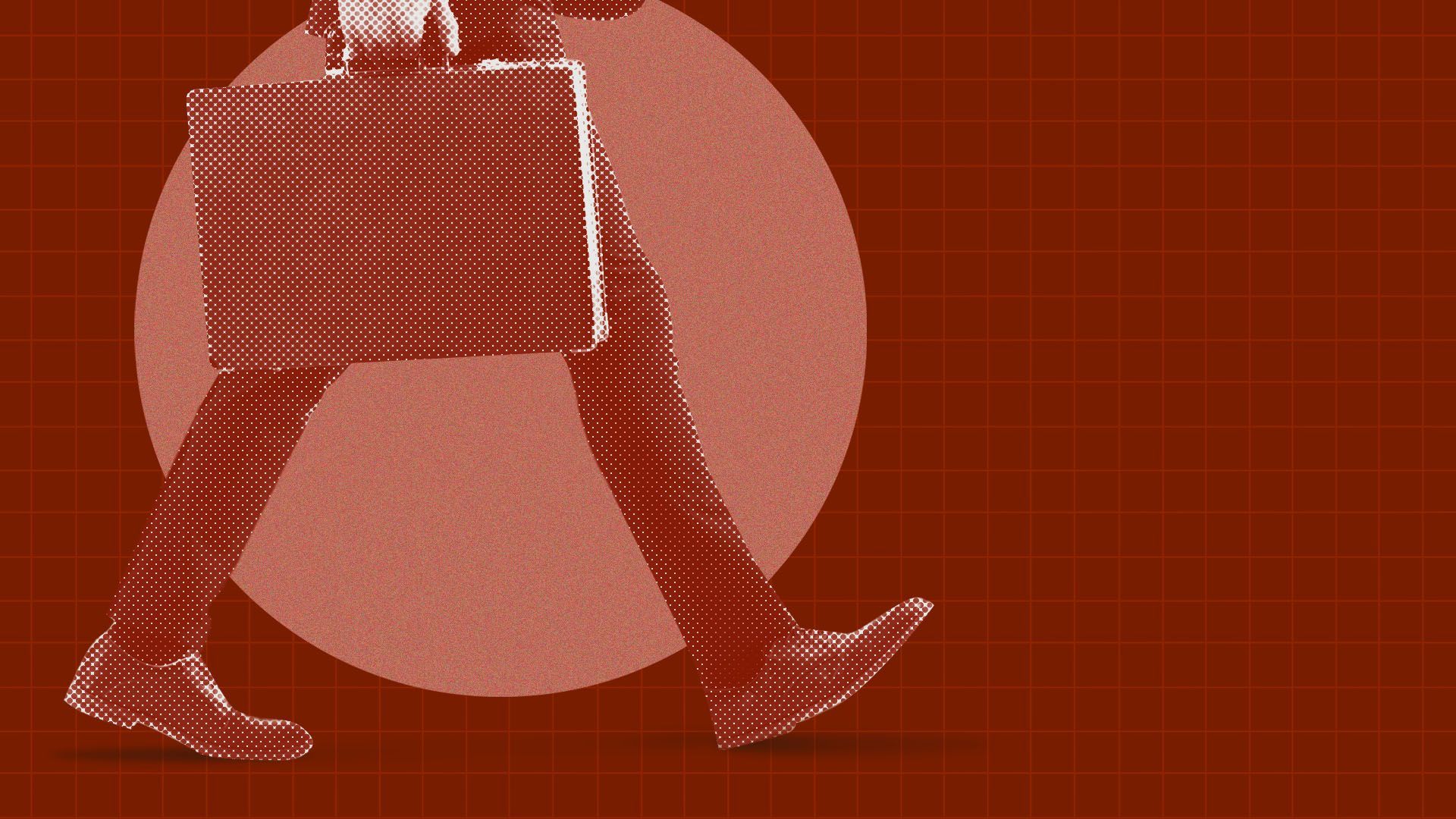 an illustration of a person with a briefcase walking in front of a burnt orange background with graph paper overlay