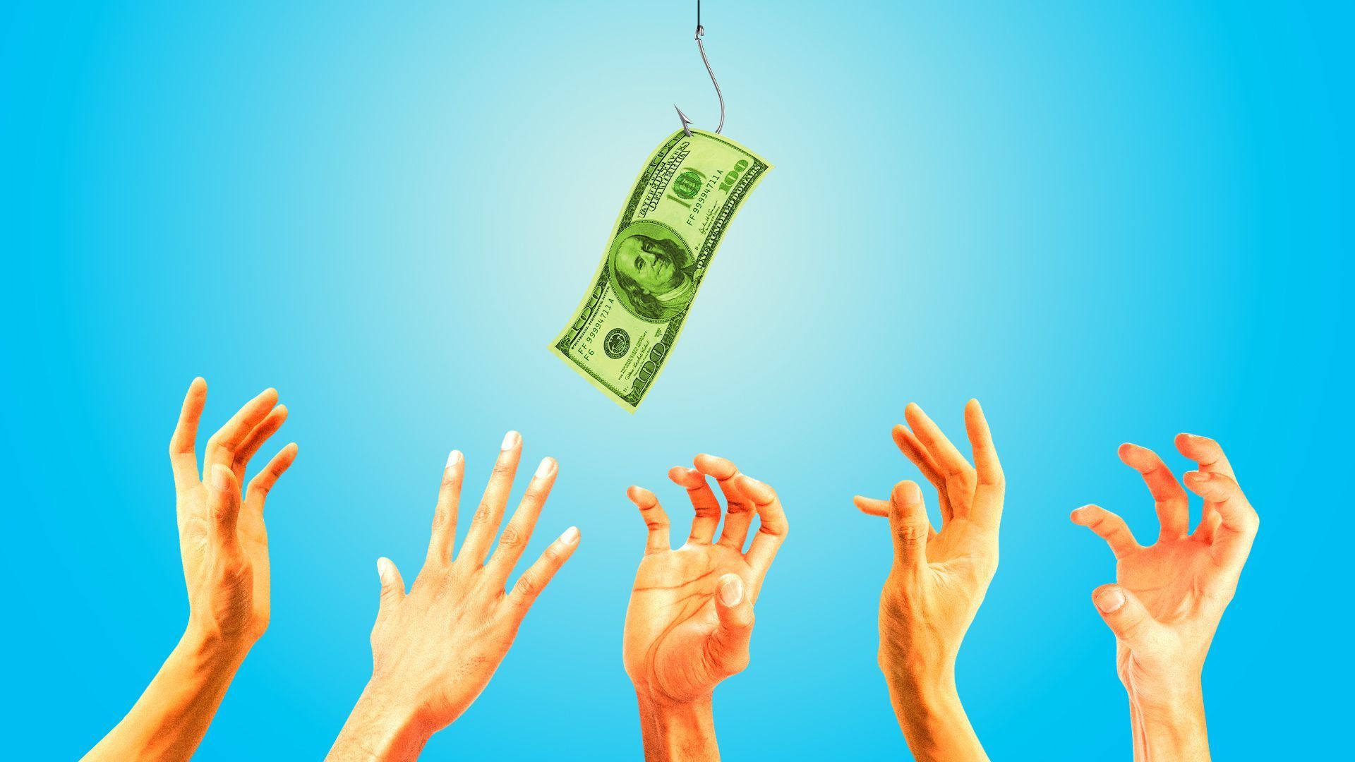 Illustration of hands reaching for money on a fish hook