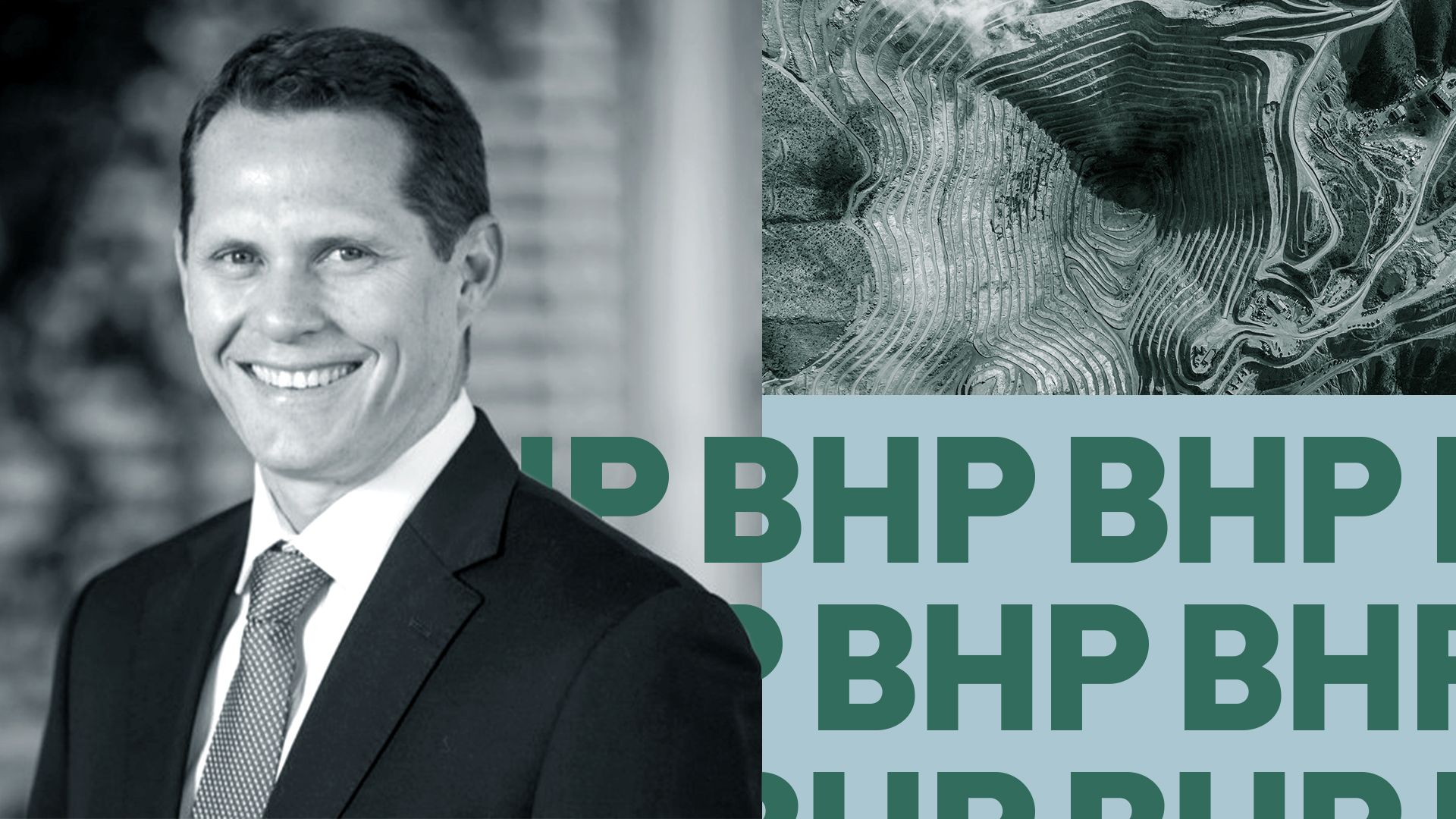 Photo illustration of Brandon Craig beside the BHP logo and an aerial view of a mining site.