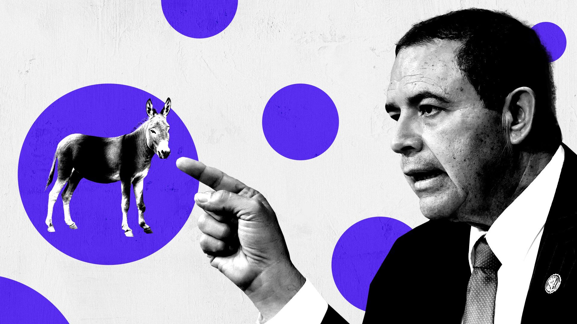 Photo illustration of Henry Cuellar pointing his finger at a tiny donkey. 