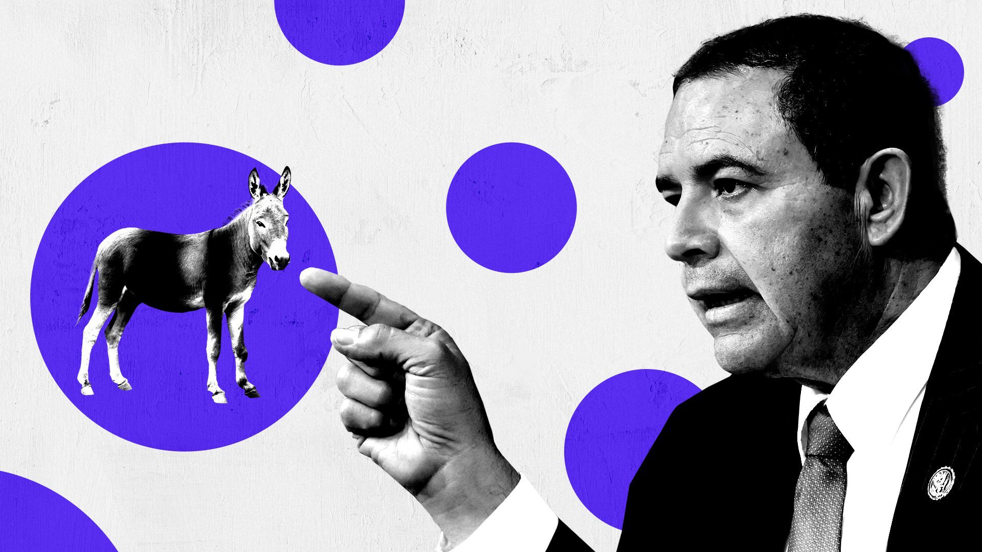 Photo illustration of Henry Cuellar pointing his finger at a tiny donkey.
