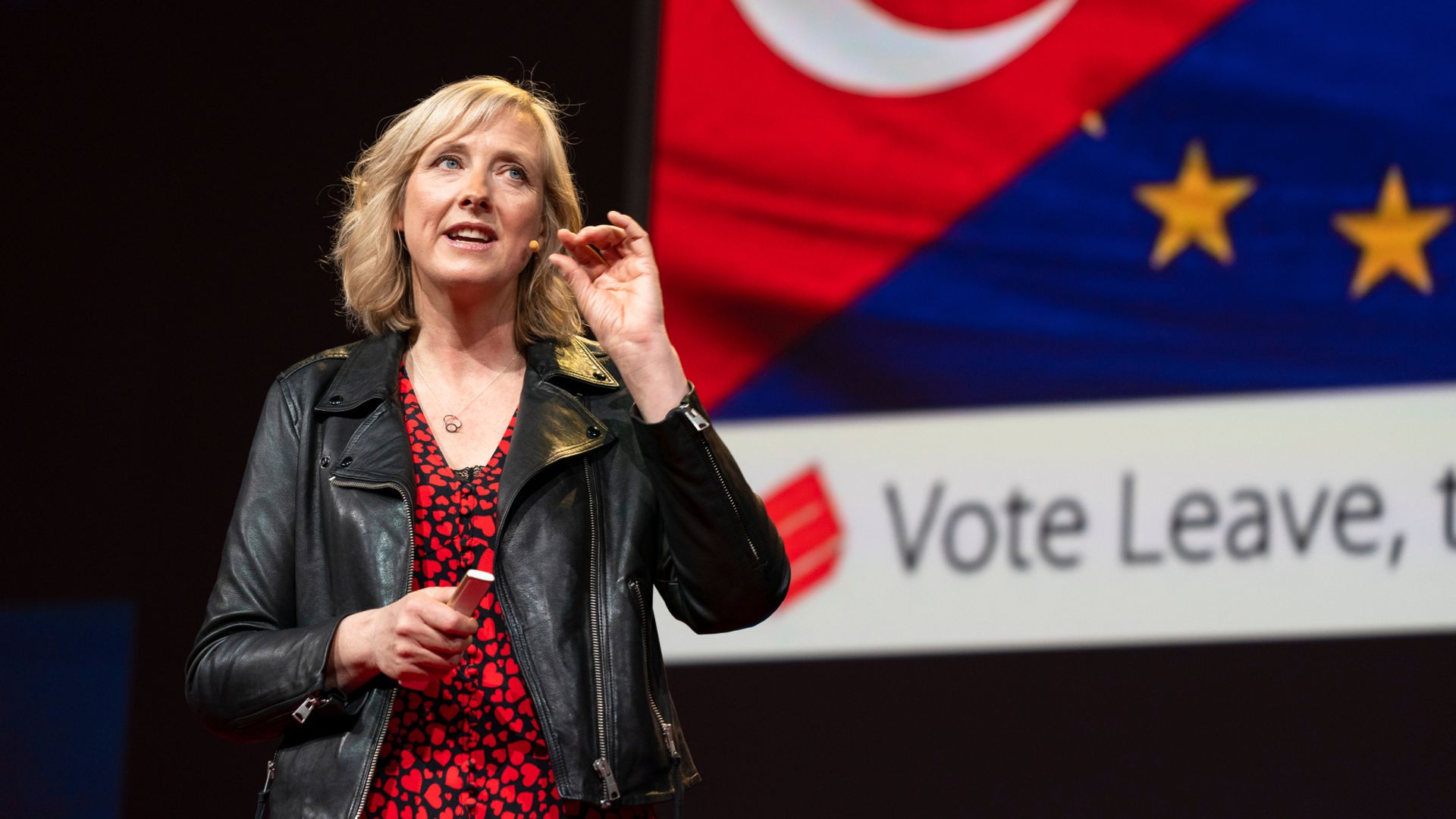 British journalist Carole Cadwalladr speaking at TED 2019