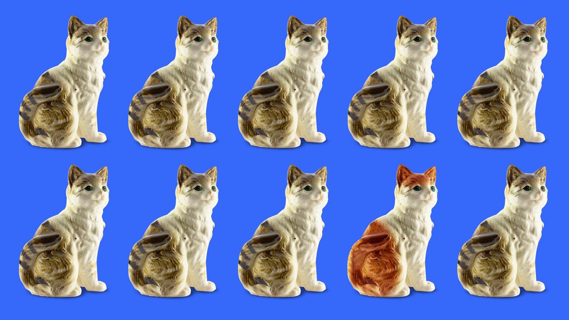 Illustration of a repeating pattern of porcelain cats, one is different than all the others.