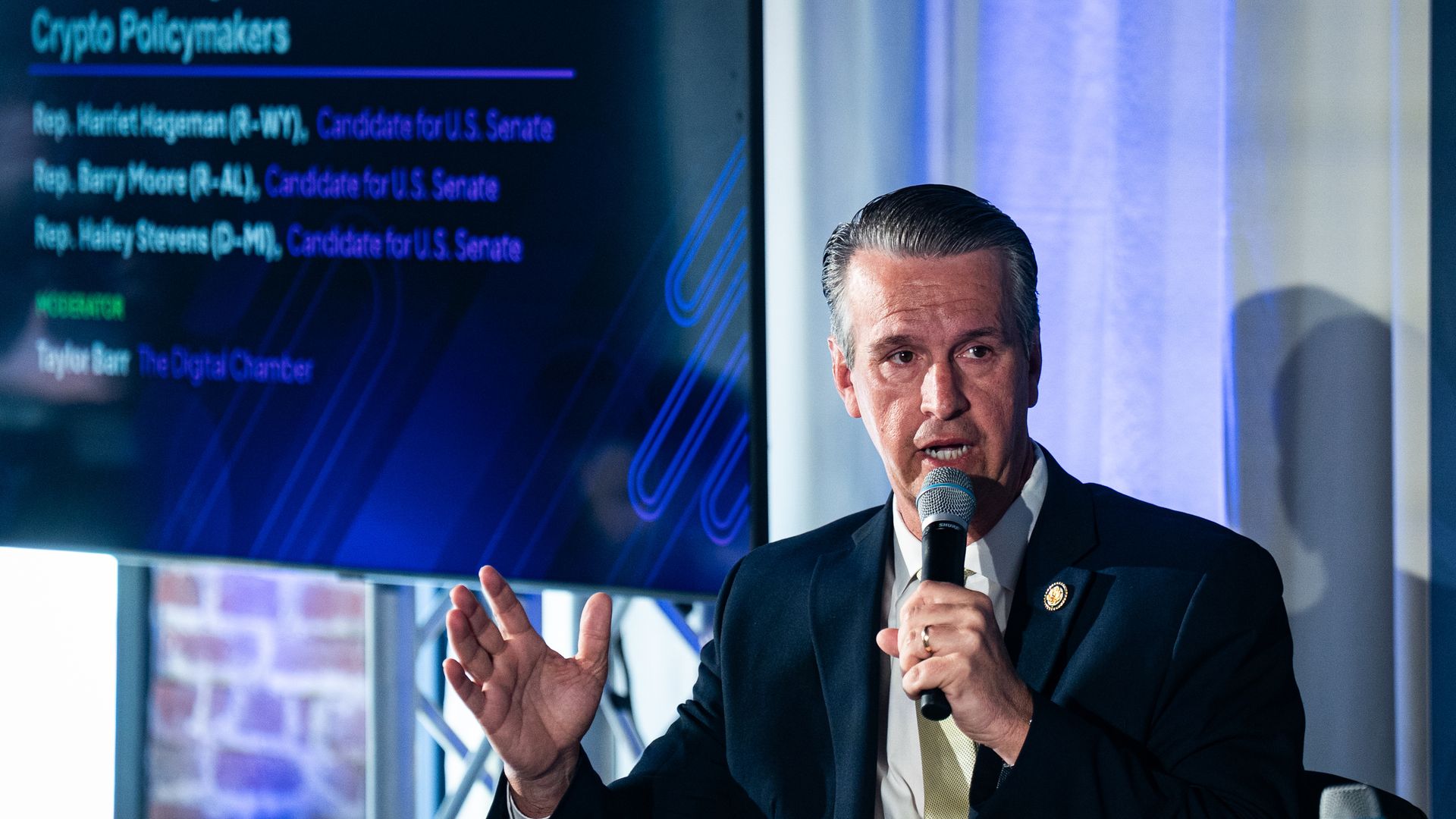 U.S. Senate candidate Barry Moore speaks during the DC Blockchain Summit in Washington on March 17.