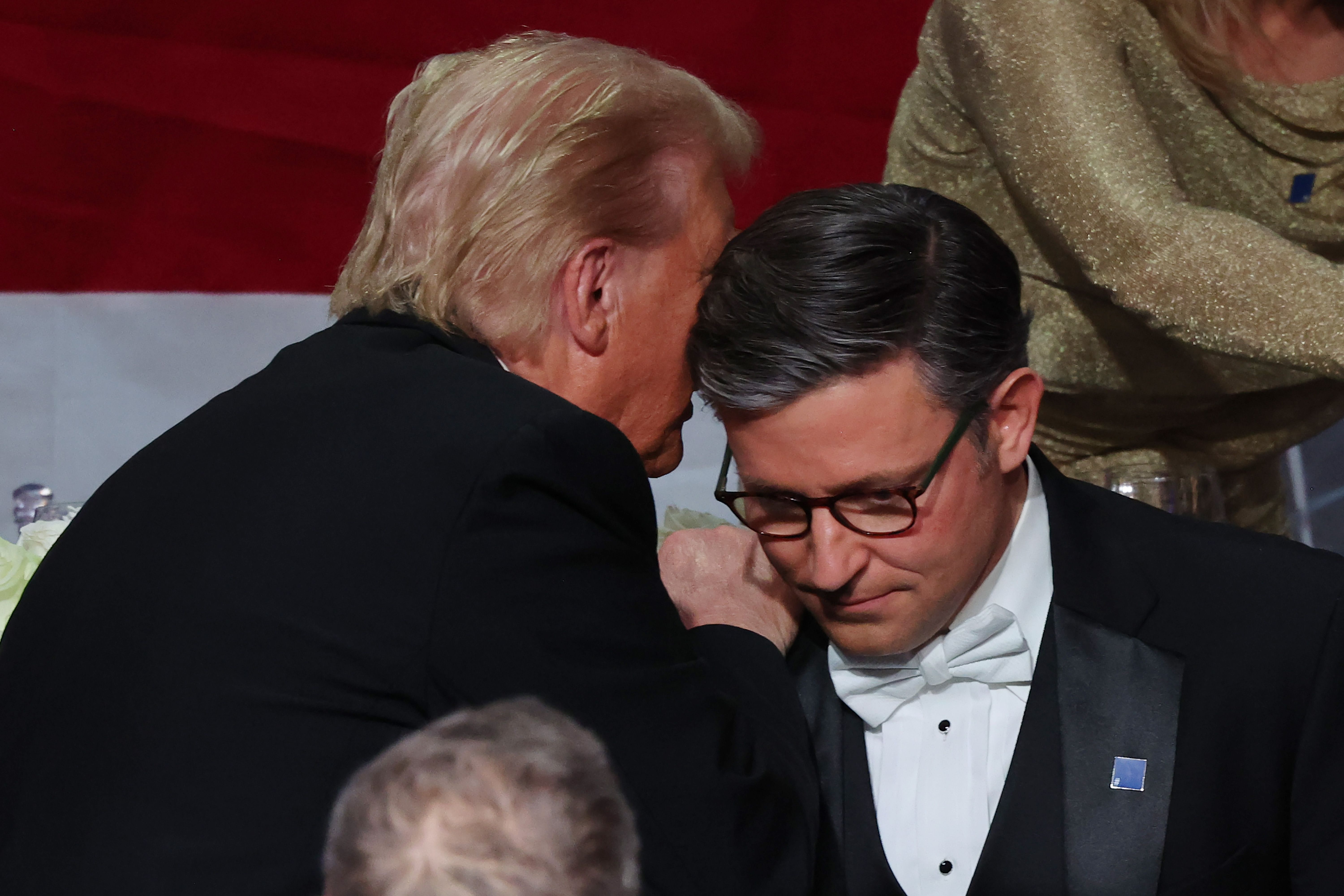 : Republican presidential nominee, former U.S. President Donald Trump and U.S.House Speaker Mike Johnson (R-LA) talk during the annual Alfred E. Smith Foundation Dinner at the New York Hilton Midtown on October 17, 2024 in New York City. 