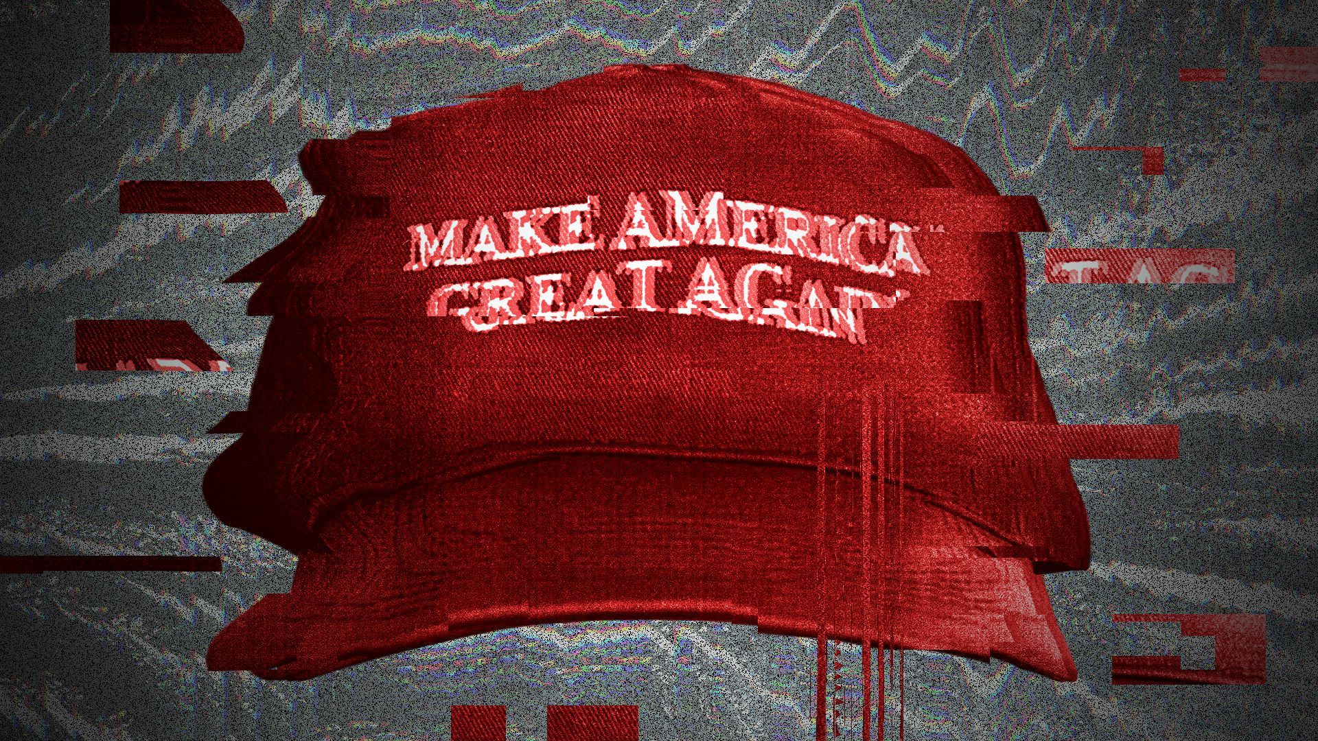 Illustration of a glitchy MAGA hat.