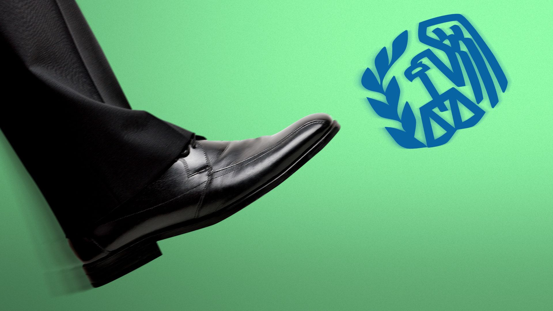 Illustration of a shoe kicking the IRS logo.
