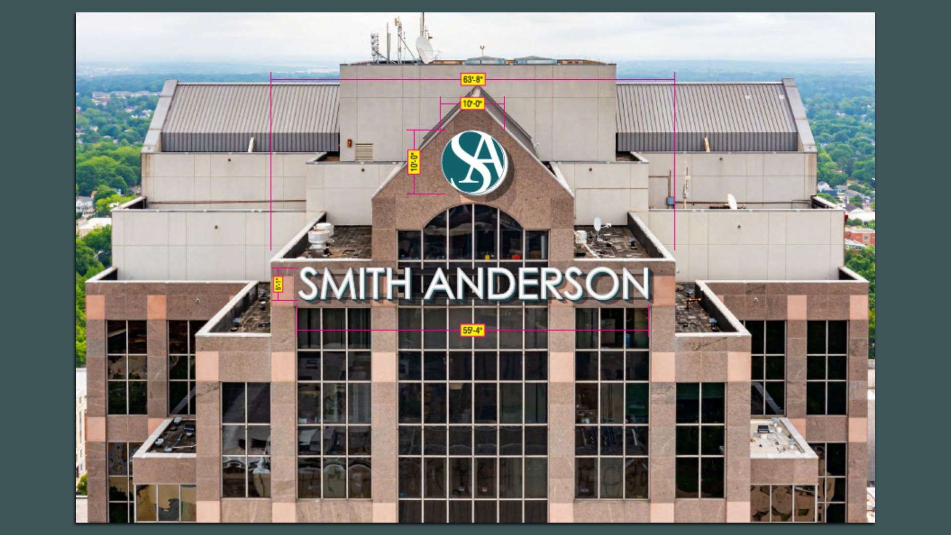Tall office building with reflective windows and brownish stone facade, displaying large white letters "SMITH ANDERSON" and a circular logo with stylized letters at the top.