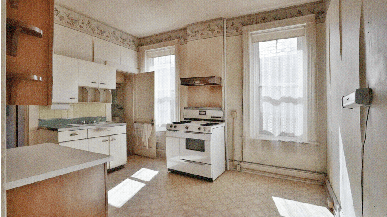 A slider showing two images of a kitchen — one is vintage-style with wooden cabinets and a a white gas stove and one is modern with granite countertops, modern appliances and green cabinets.