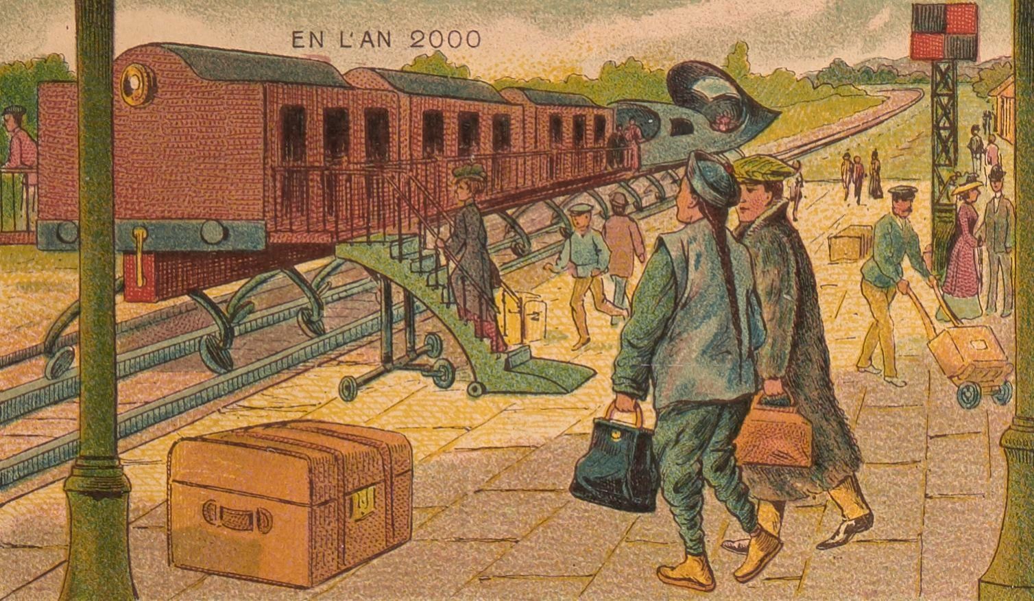 Hand drawn image of two people walking towards a train with elevated wheels and an aerodynamic engine. 