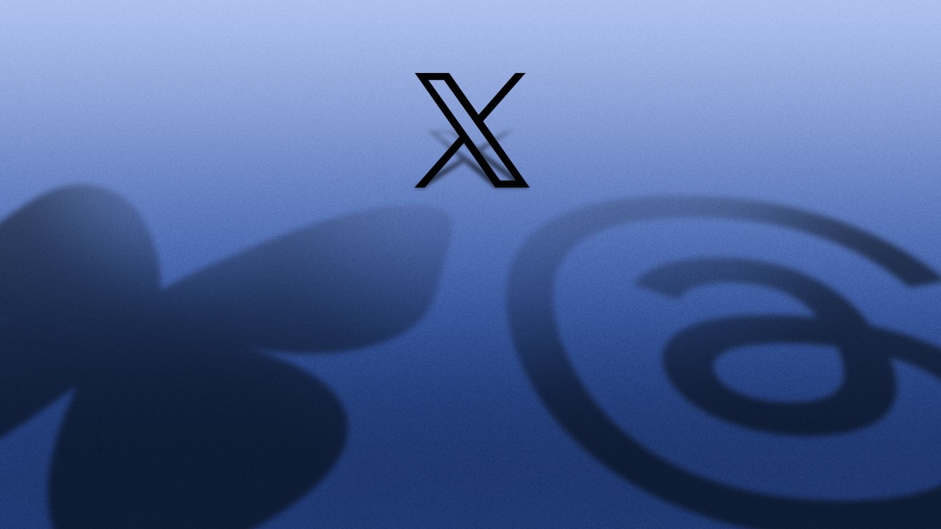 Illustration of shadows of the Bluesky and Threads apps being cast over a small X logo