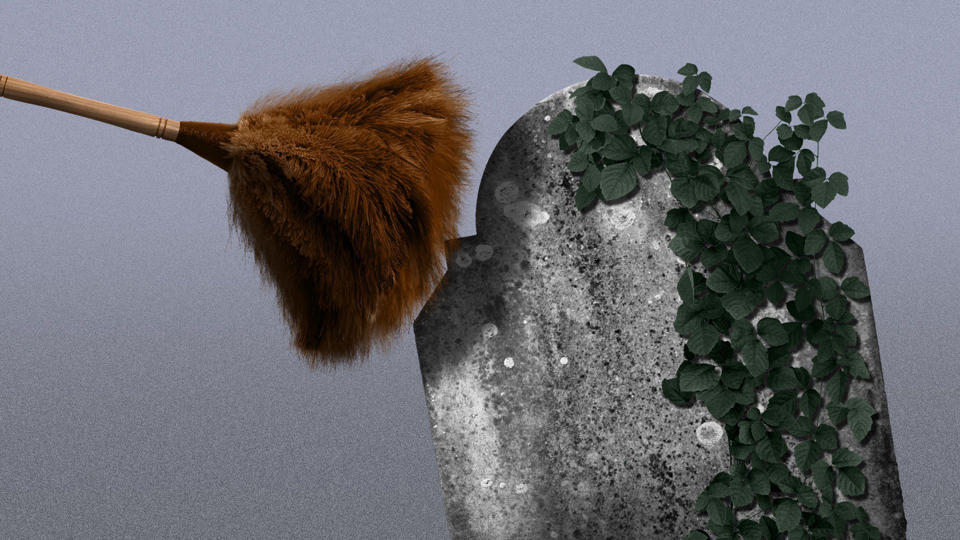 Illustration of a headstone partially covered in ivy being dusted off with a feather duster.
