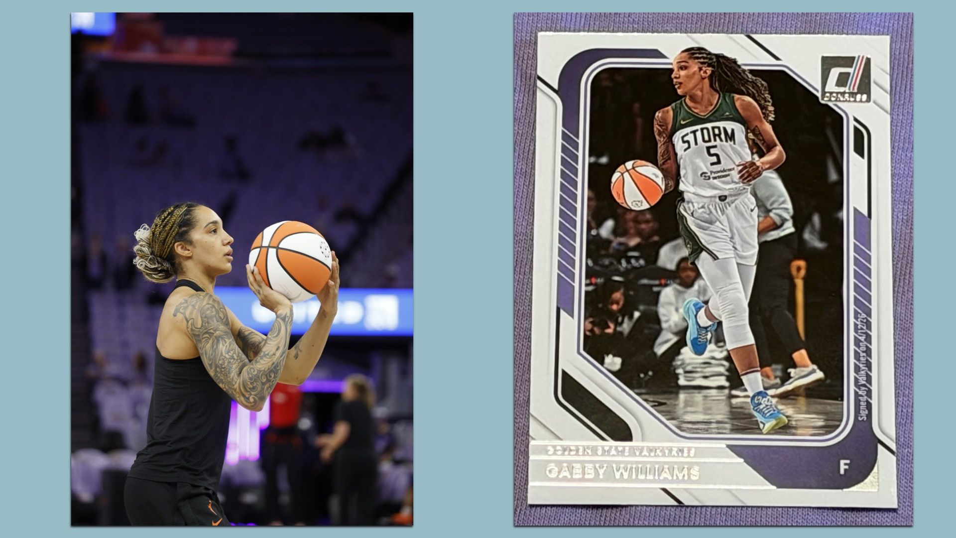 Two-panel image: left shows Gabby Williams, a tattooed female basketball player in a black tank top catching an orange basketball during practice; right shows her on a basketball trading card in a Seattle Storm jersey 