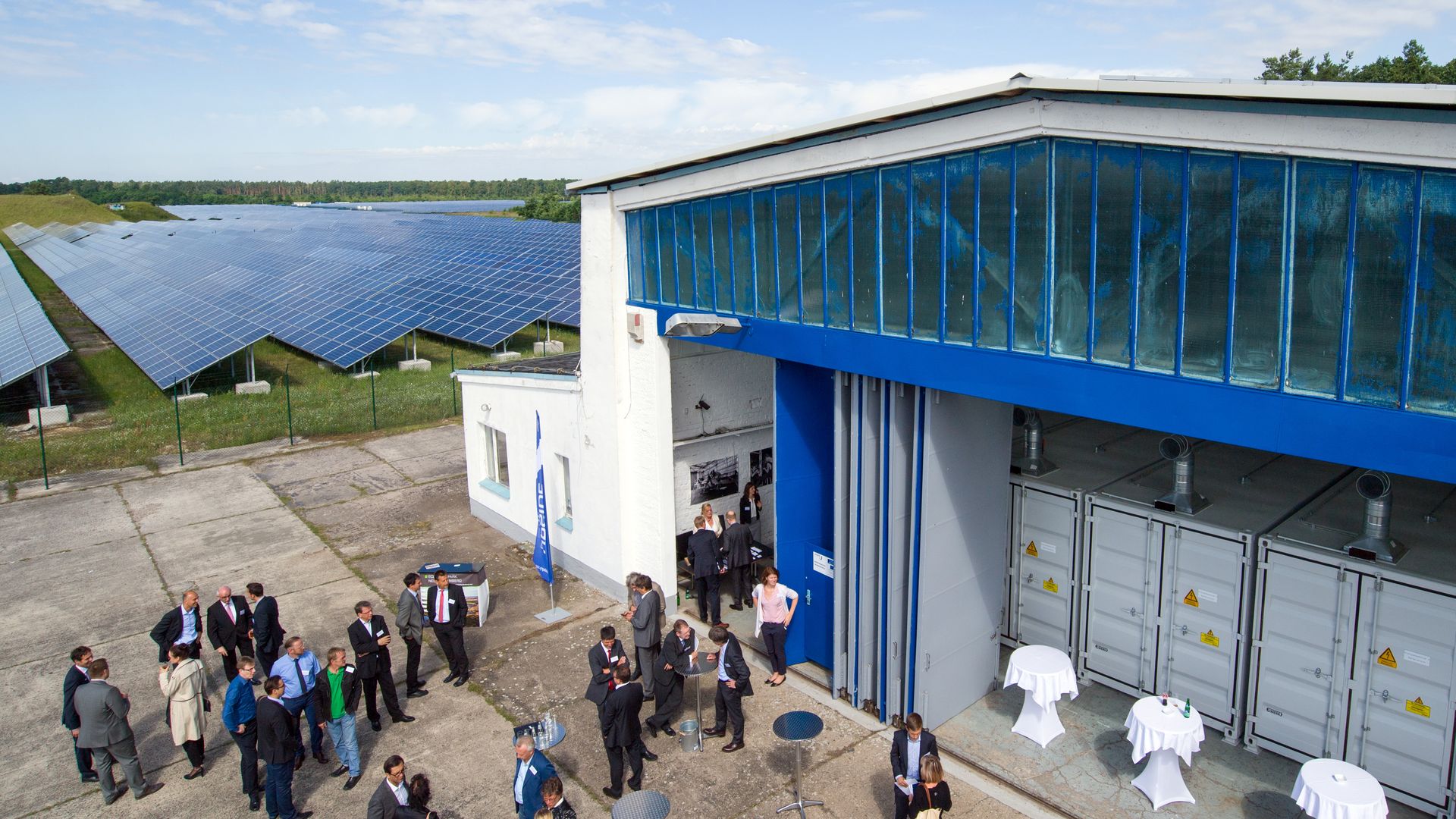 The new mass battery storage for electricity from a solar field is located in a former airplane hangar at the airfield in Neuhardenberg, Germany, 05 July 2016. 