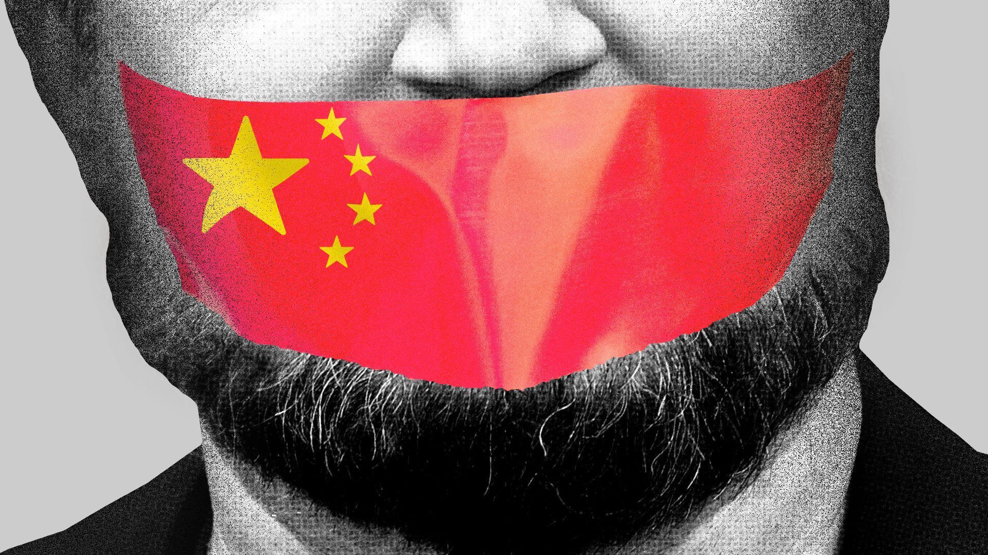 Illustration of a man with duct tape on his mouth with the Chinese flag printed on it