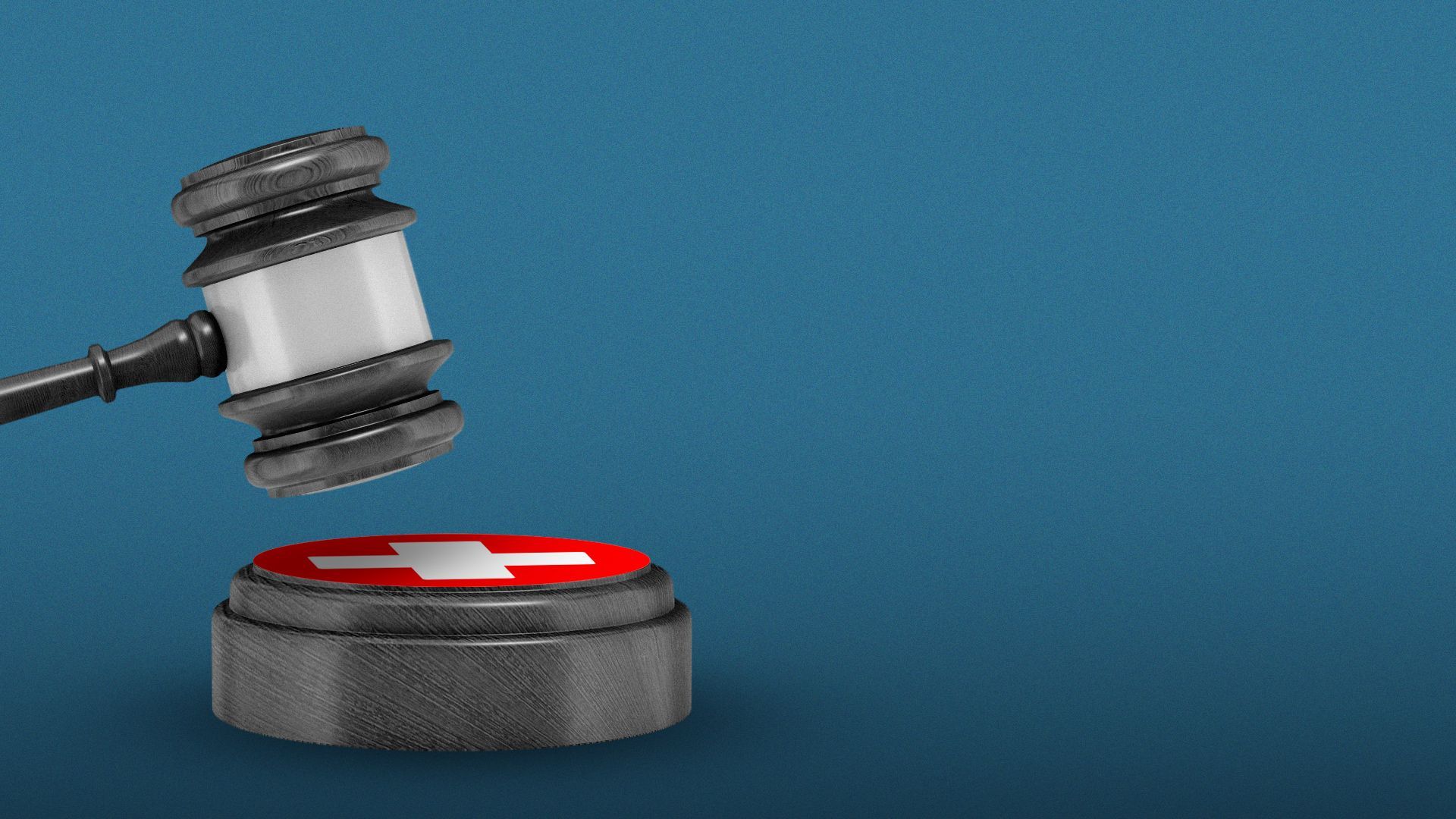 Illustration of a gavel hovering over a block with an image of a red cross.