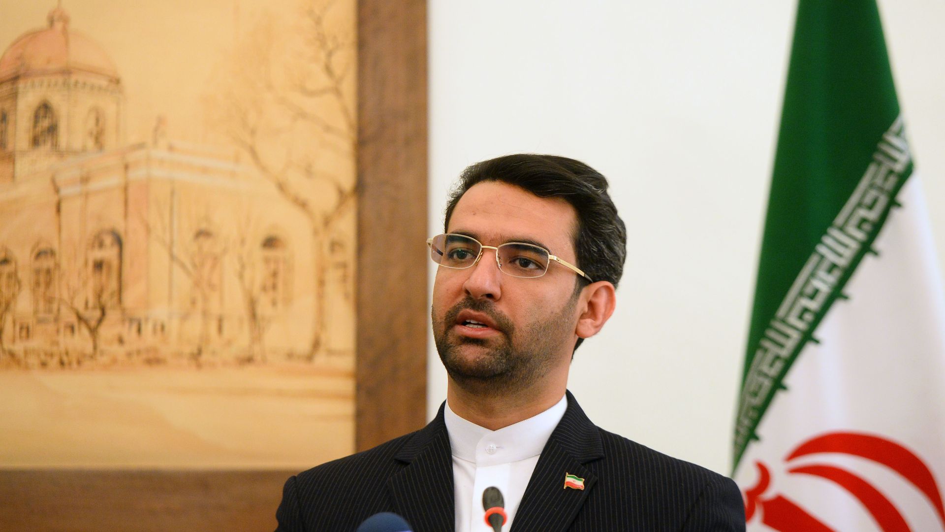 Minister of Information and Communications Technology of Iran Mohammad-Javad Azari Jahromi speaks at a press conference in Tehran, Iran