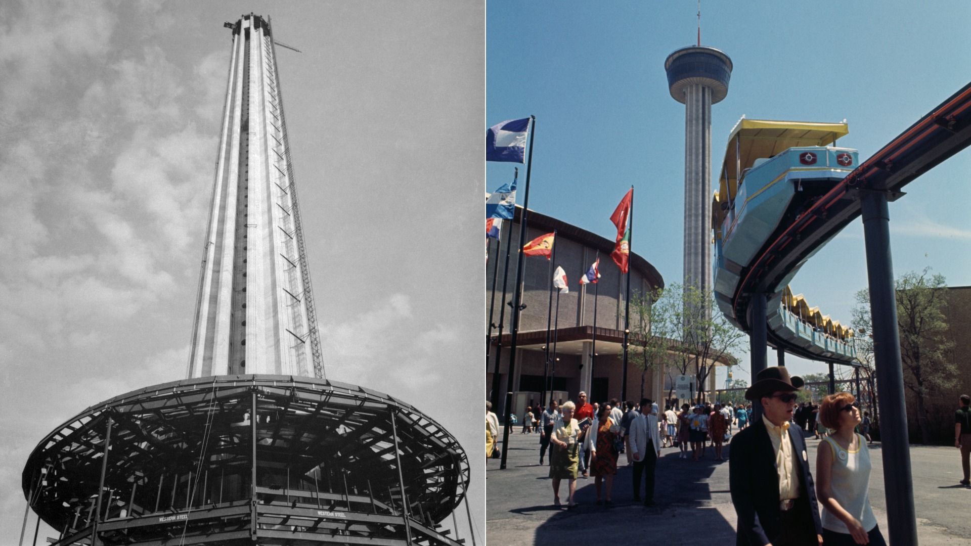 Side-by-side images showing the construction and debut of the Tower of the Americas.