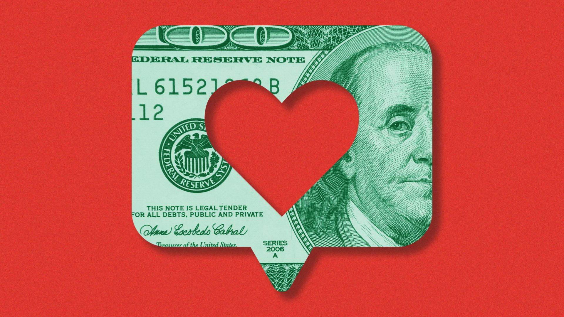 Illustration of a social media "like" icon made out of a $100 bill.