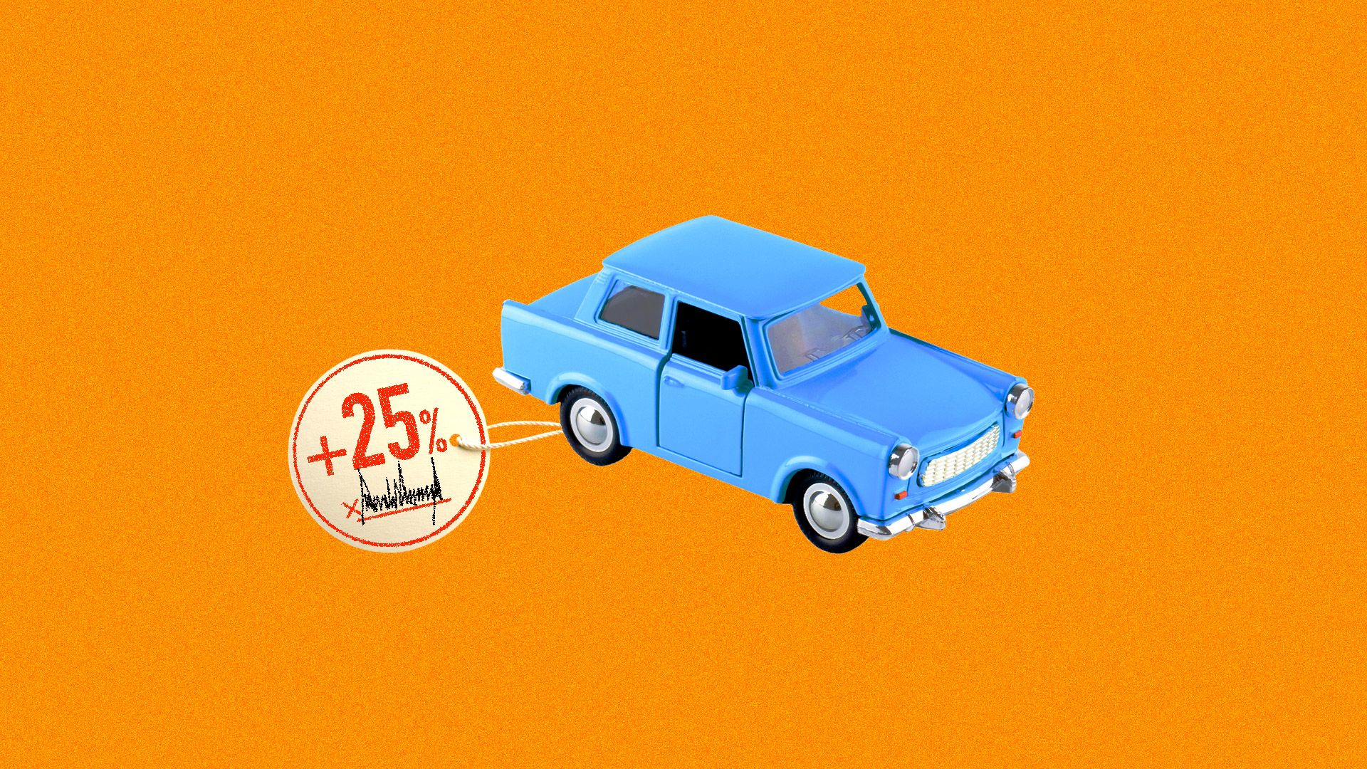 A car with a 25 percent tag, signed by Donald Trump, to represent tariffs.