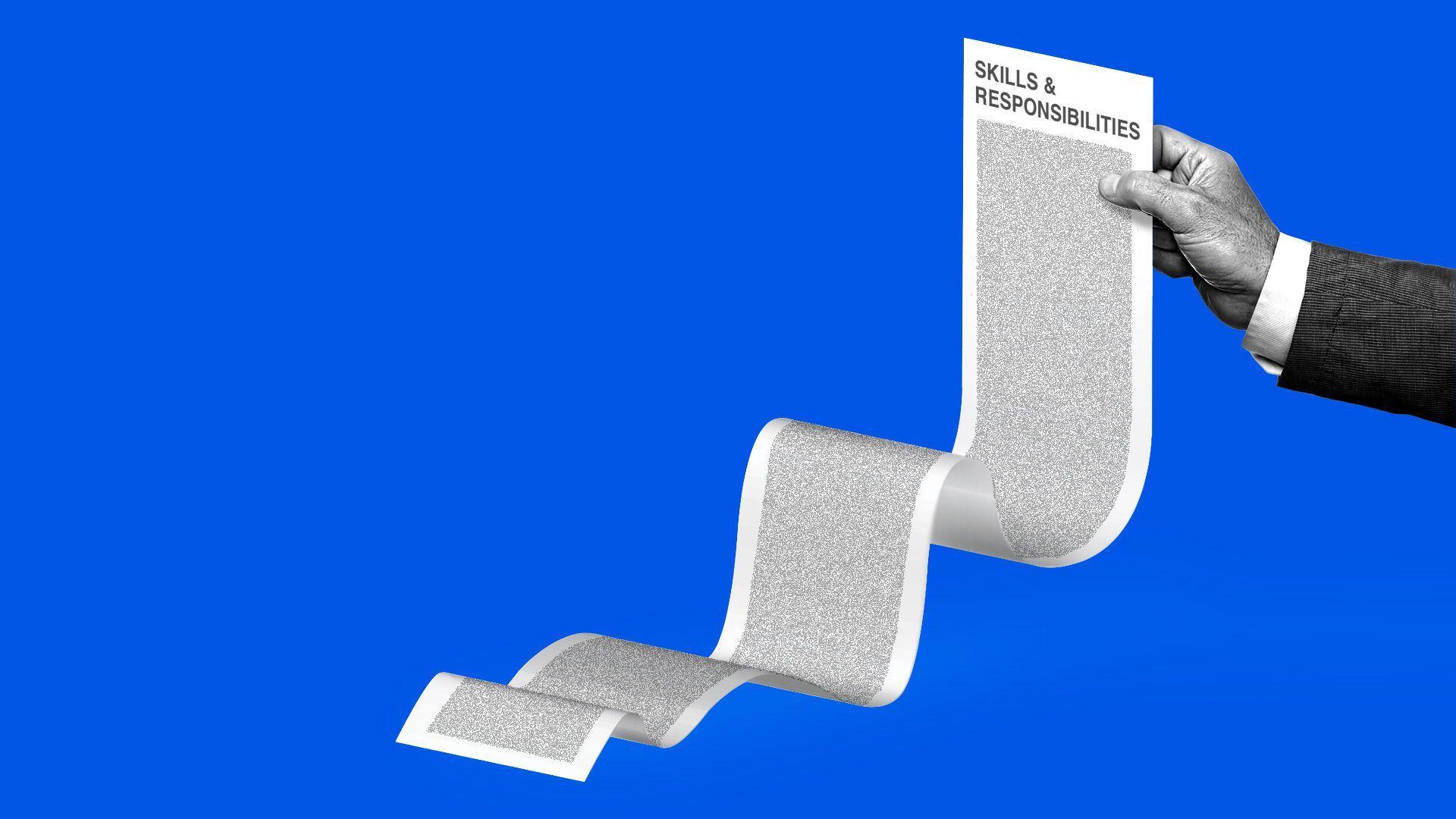 A person's hand holding out a very long job description