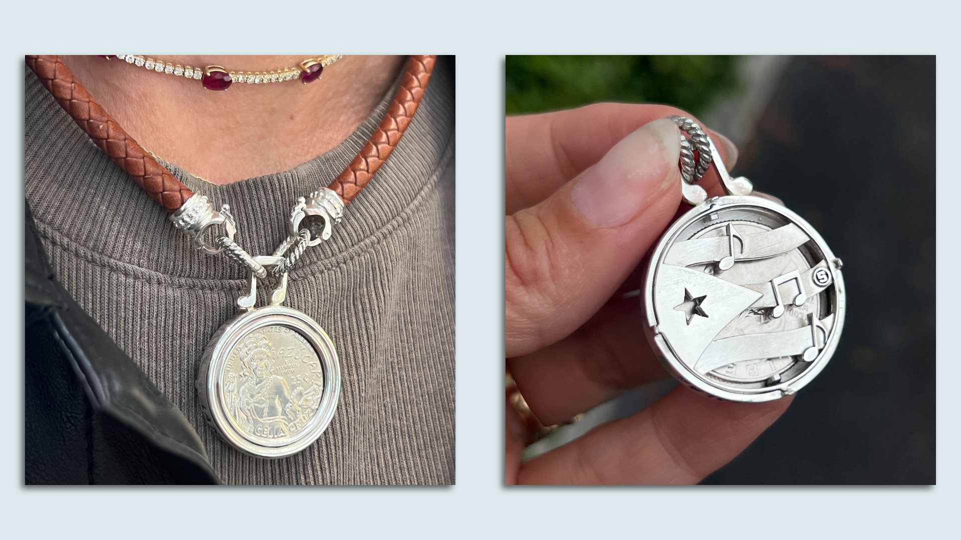 The Celia Cruz quarter pendant from Santayana. Photos: Elena Santayana