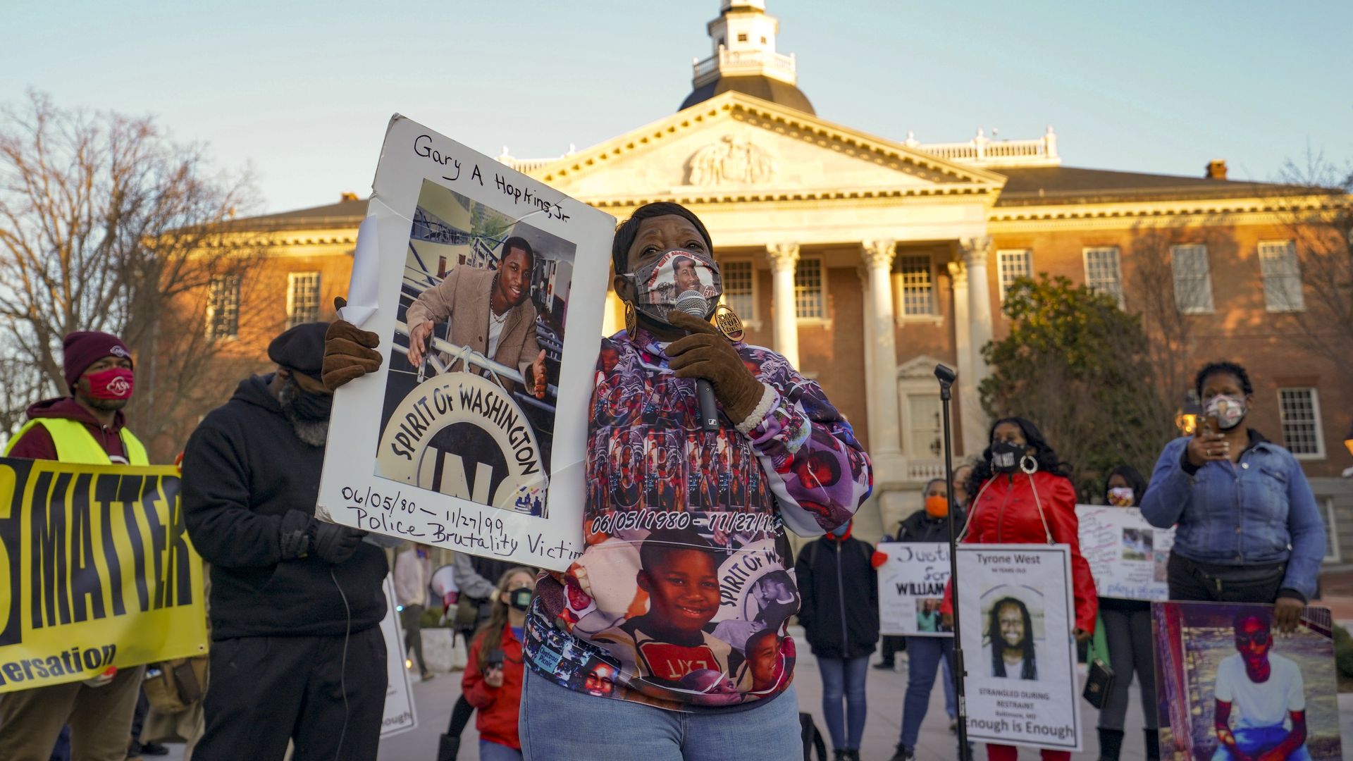 Marion Gray Hopkins with Coalition of Concerned Mothers speaks during a rally promoting police reform on March 4, 2021 in Annapolis, Maryland. 