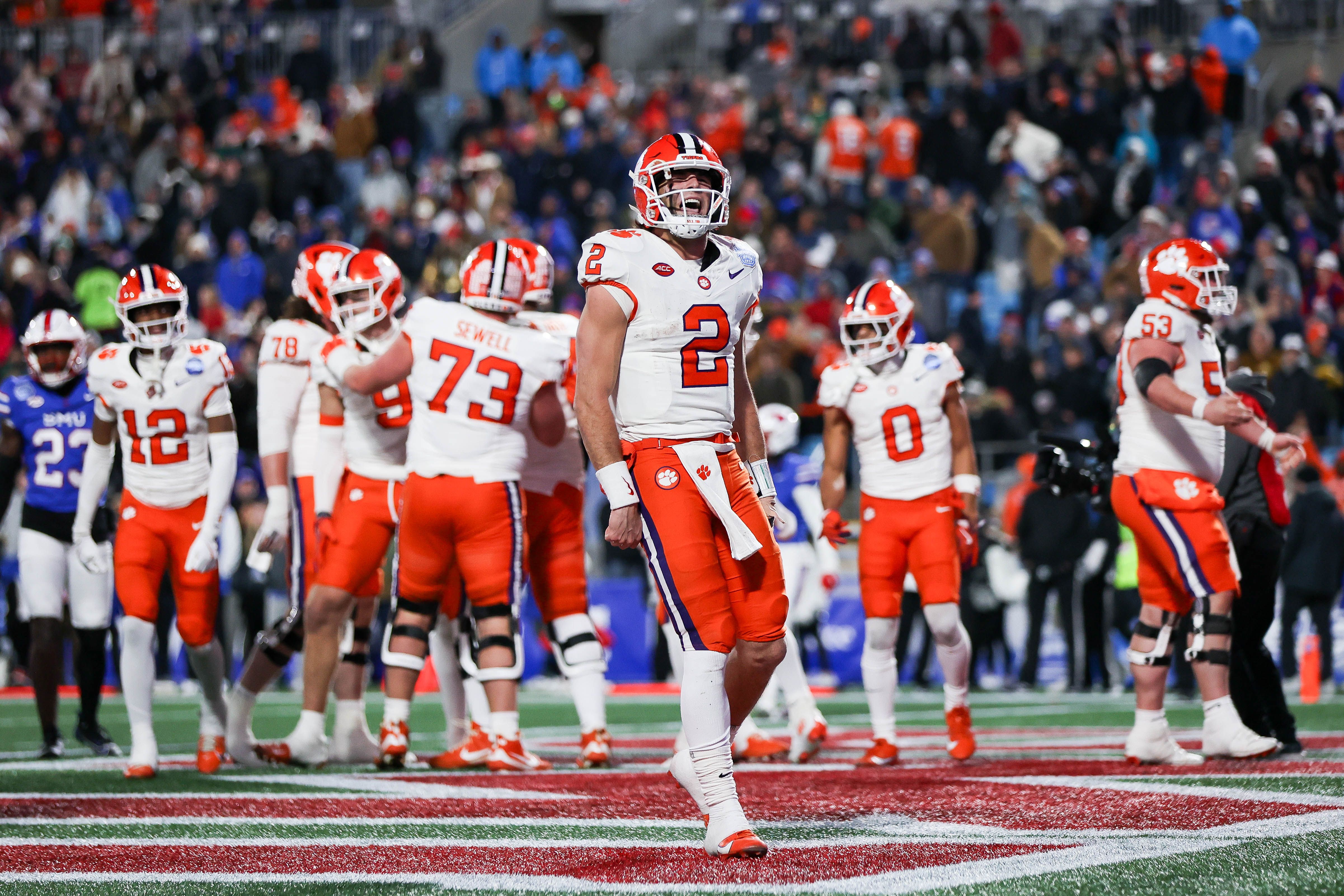  Cade Klubnik #2 of the Clemson Tigers reacts after a touchdown against the SMU Mustangs at Bank of America Stadium on December 7, 2024 in Charlotte, North Carolina. (Photo by Isaiah Vazquez/Getty Images)