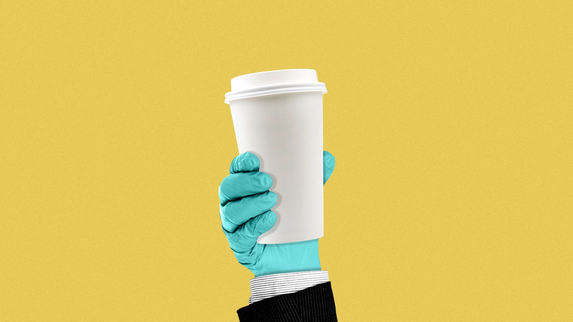 Illustration of gloved suited hand holding a coffee cup.