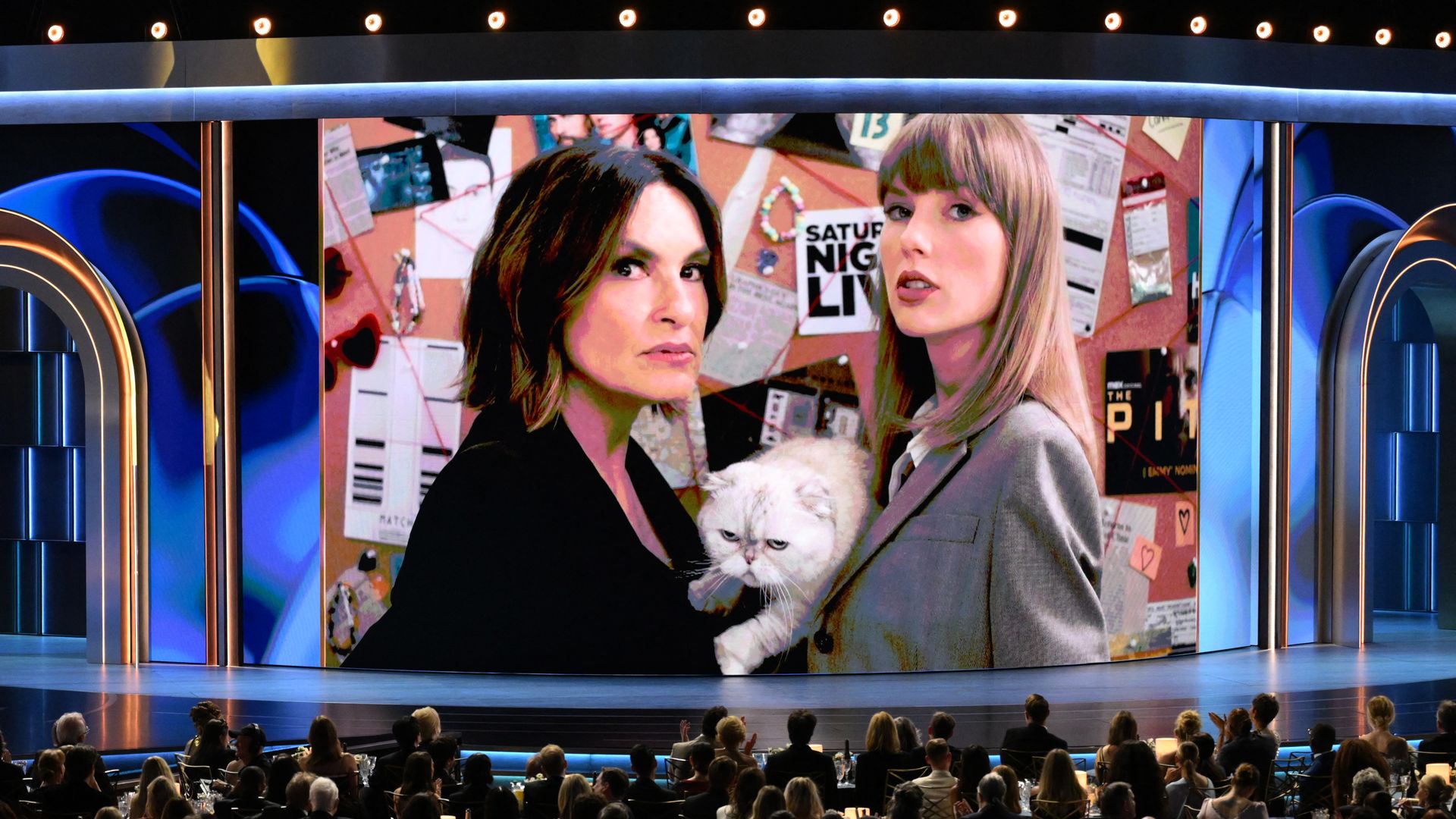 Mariska Hargitay and Taylor Swift appear in a pre-taped sketch for the Primetime Emmy Awards on Sept. 14.