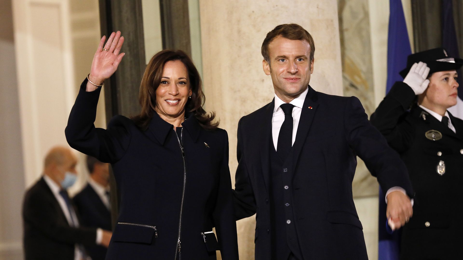  French President Emmanuel Macron hosts United States Vice President Kamala Harris on November 10, 2021 in Paris, France.