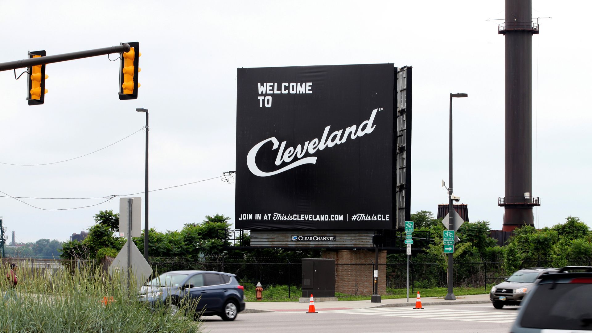 "Welcome To Cleveland" black signage on Ontario Street in downtown Cleveland